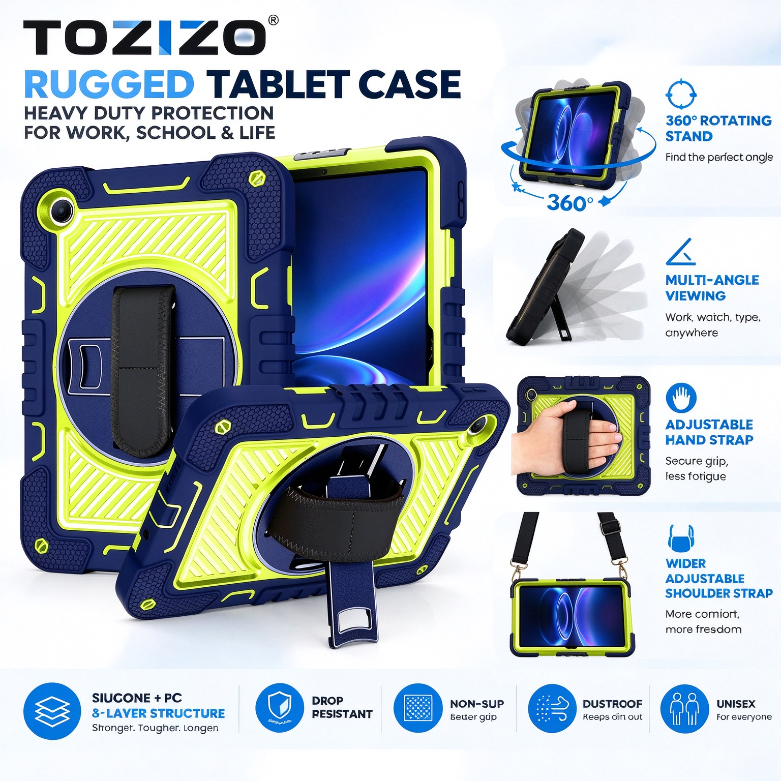 TOZIZO Navy Blue Rugged Protective Case for Xiaomi Poco Pad C1 with 360° Rotating Stand Adjustable Hand Strap Shoulder Strap Shockproof Silicone PC Tablet Cover Wholesale