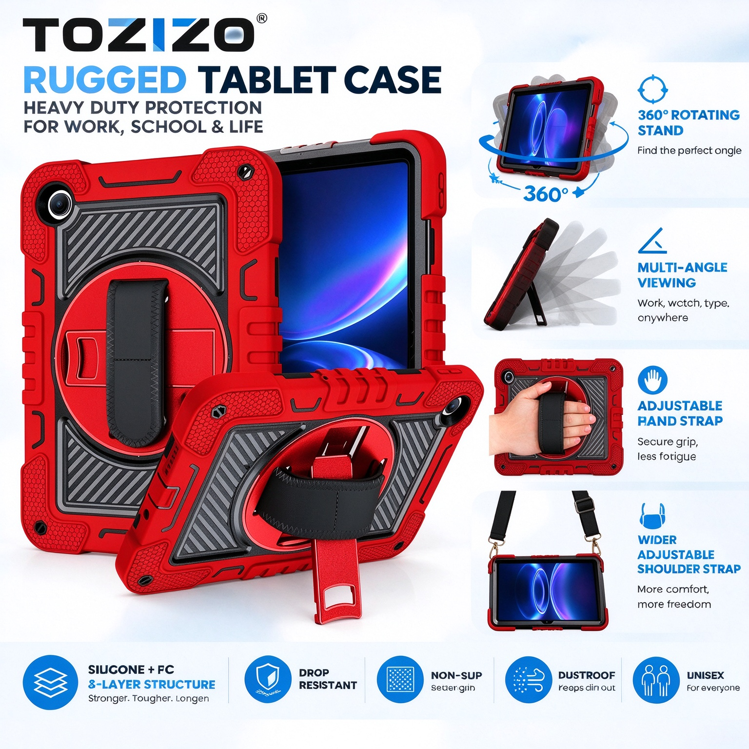 TOZIZO Red Rugged Protective Case for Xiaomi Poco Pad C1 with 360° Rotating Stand Adjustable Hand Strap Shoulder Strap Shockproof Silicone PC Tablet Cover Wholesale