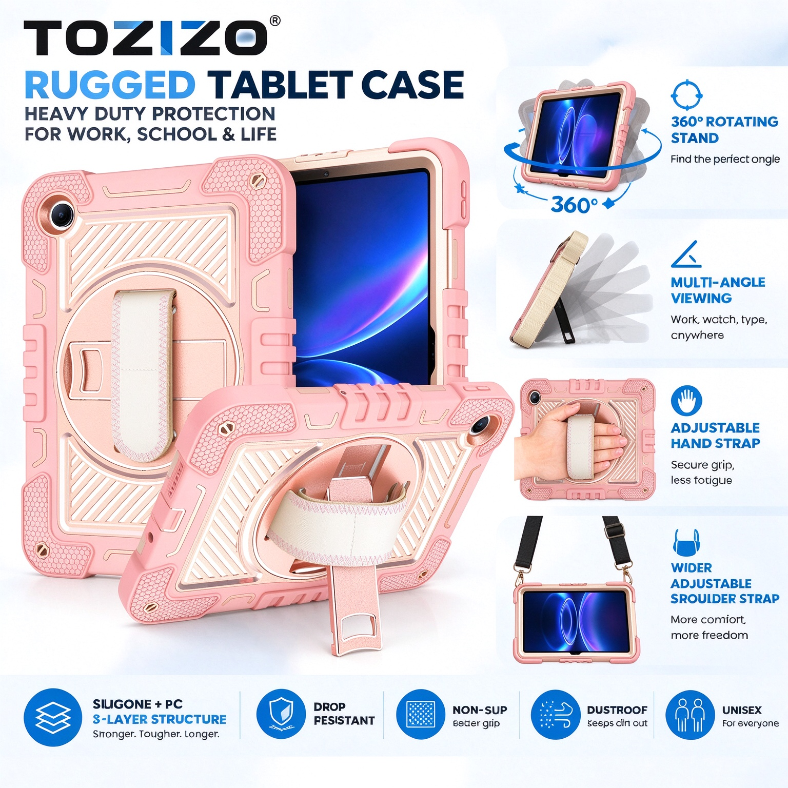TOZIZO Rose Gold Rugged Protective Case for Xiaomi Poco Pad C1 with 360° Rotating Stand Adjustable Hand Strap Shoulder Strap Shockproof Silicone PC Tablet Cover Wholesale