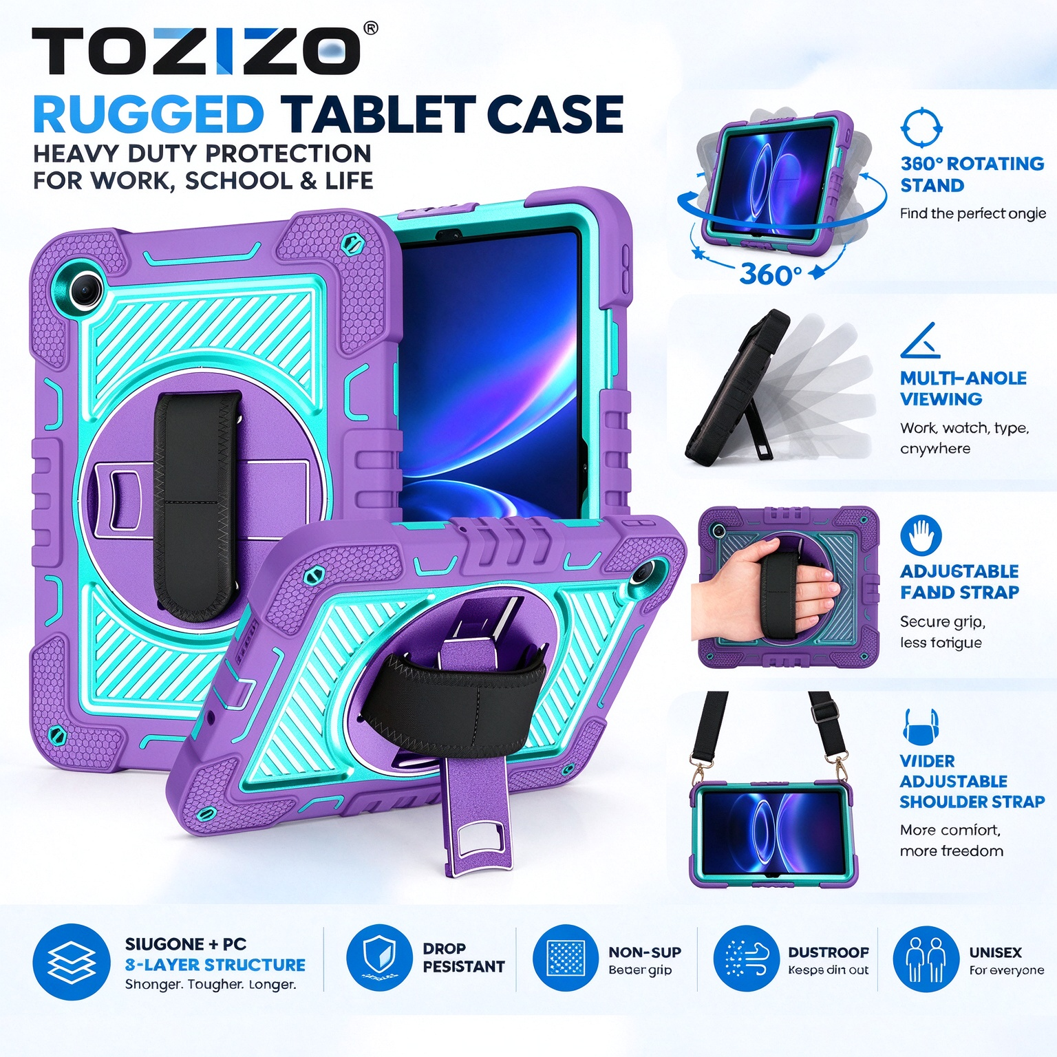 TOZIZO Purple Mint Rugged Protective Case for Xiaomi Poco Pad C1 with 360° Rotating Stand Adjustable Hand Strap Shoulder Strap Shockproof Silicone PC Tablet Cover Wholesale
