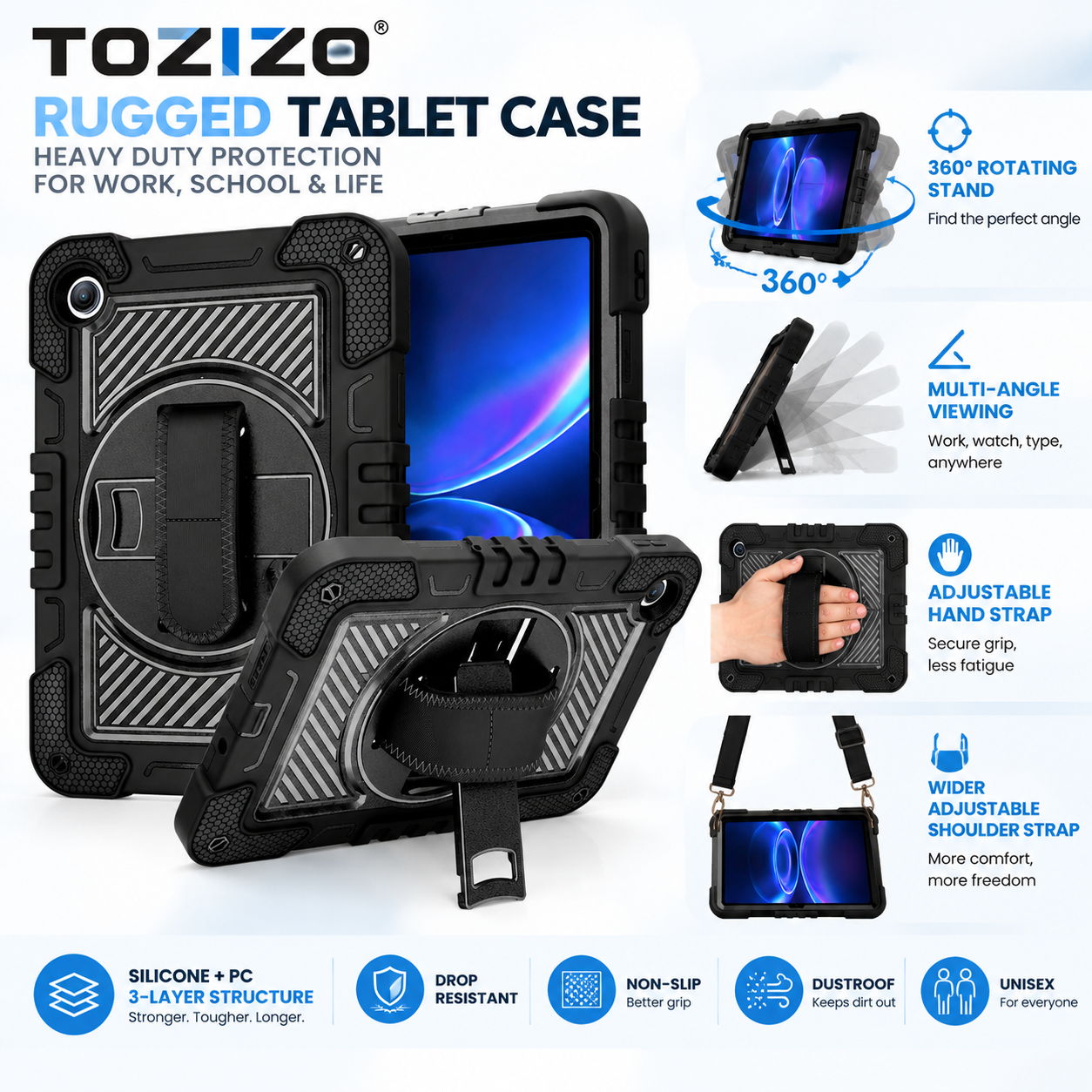 TOZIZO Black Rugged Protective Case for Xiaomi Poco Pad C1 with 360° Rotating Stand Adjustable Hand Strap Shoulder Strap Shockproof Silicone PC Tablet Cover Wholesale
