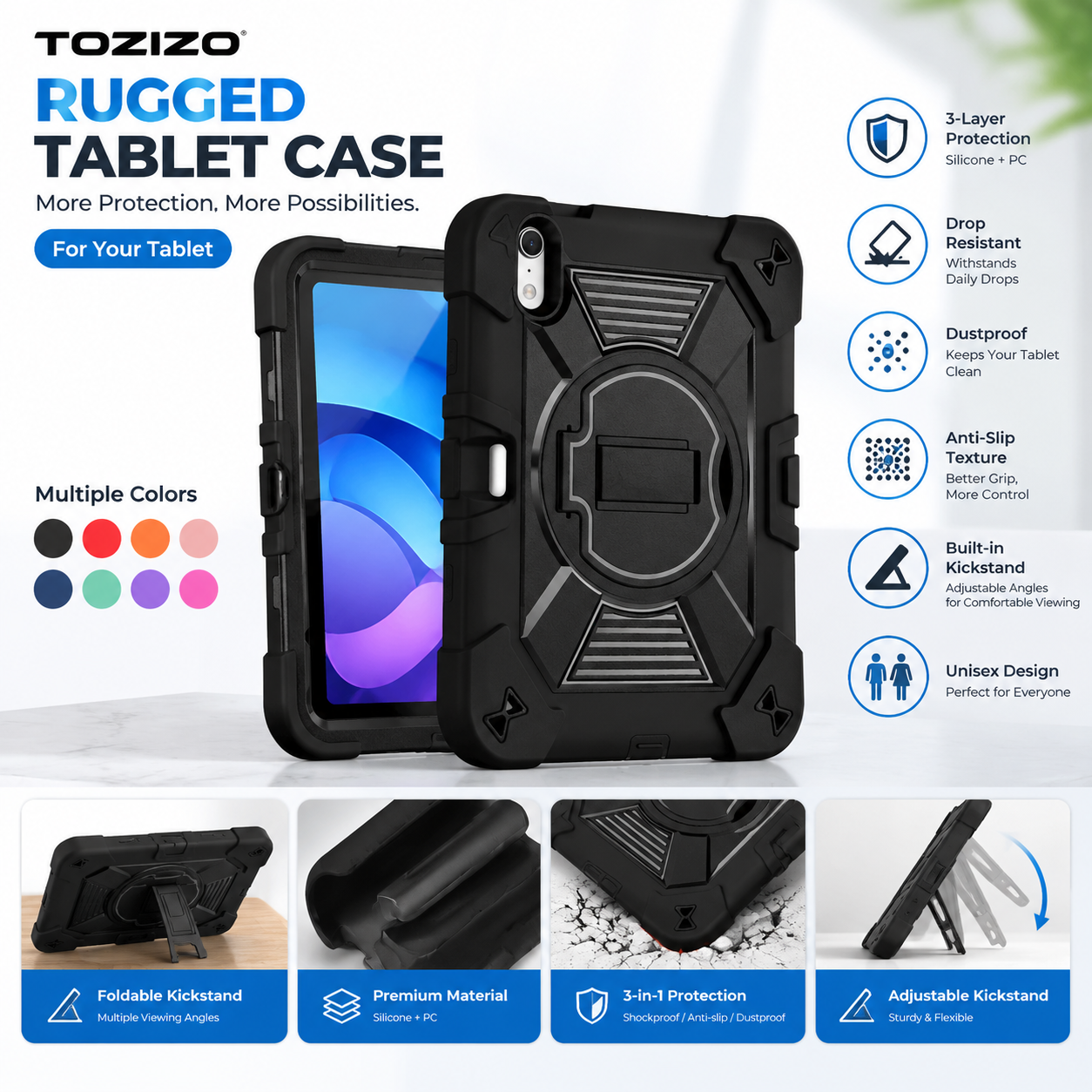 TOZIZO Black Rugged Tablet Case for iPad Mini 8 with Foldable Multi-Angle Kickstand