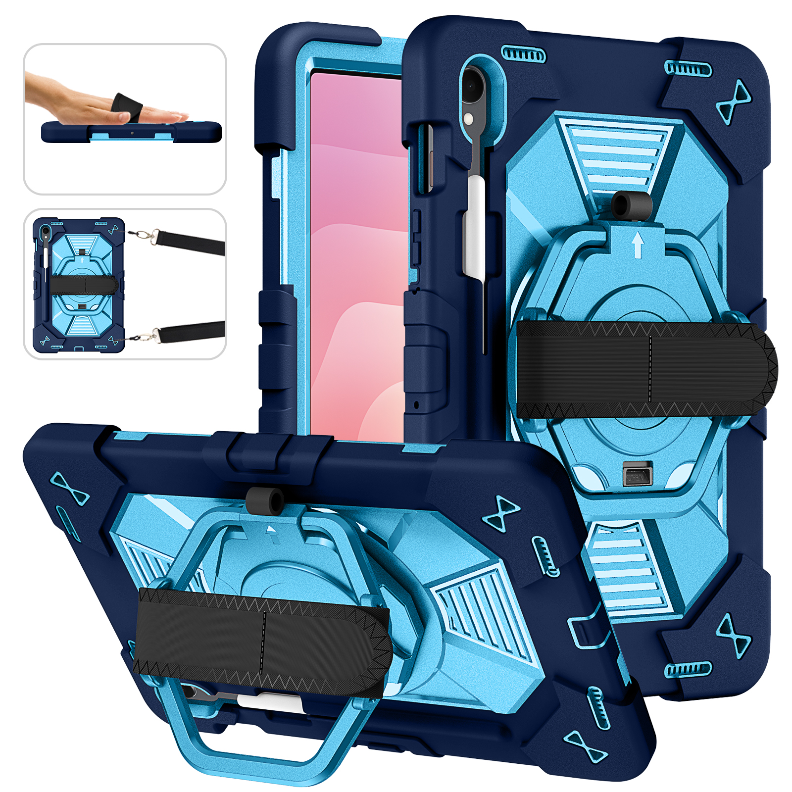 TOZIZO Navy Blue Galaxy Tab S9 / S9 FE / S11 Case | Institutional 3-Layer Protection with Hand & Shoulder Straps