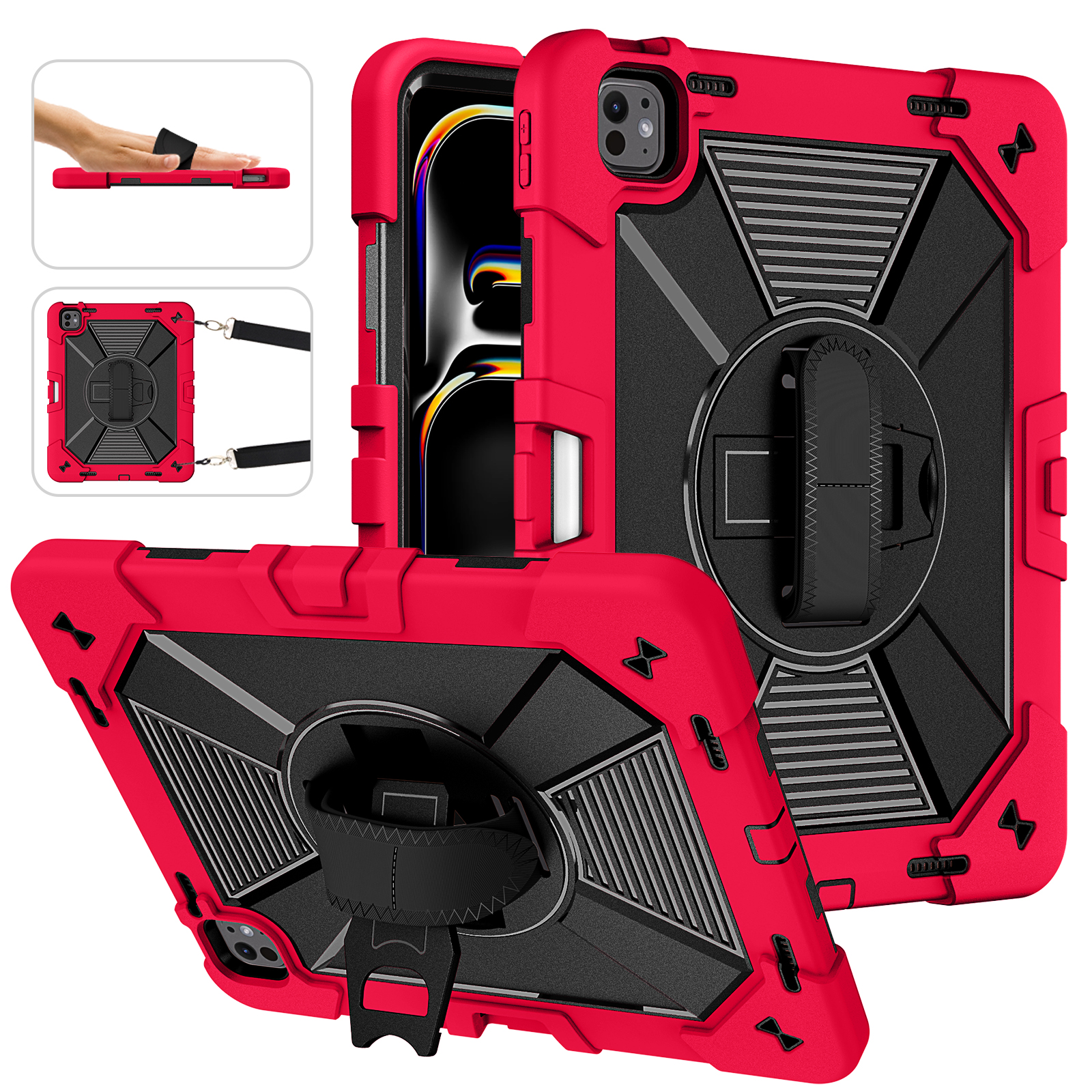 TOZIZO for iPad Pro 13 / Air 13 Red School Shockproof Case with 360° Stand, Hand Strap & Carry Strap