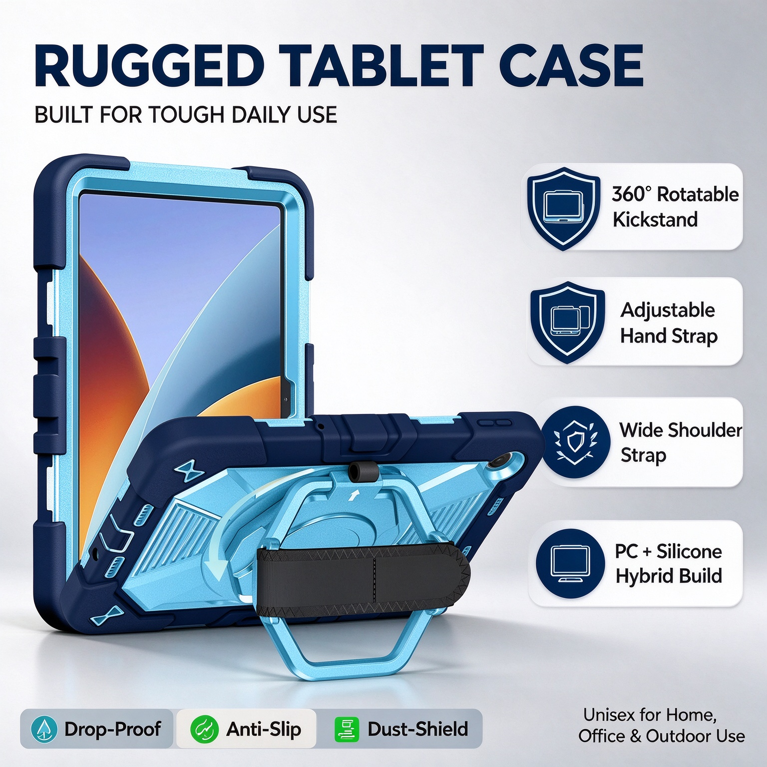 TOZIZO Navy Blue Rugged Tablet Case for Xiaomi Poco Pad C1, 3‑in‑1 Triple‑Proof Silicone+PC Official Cover with 360° Rotating Kickstand