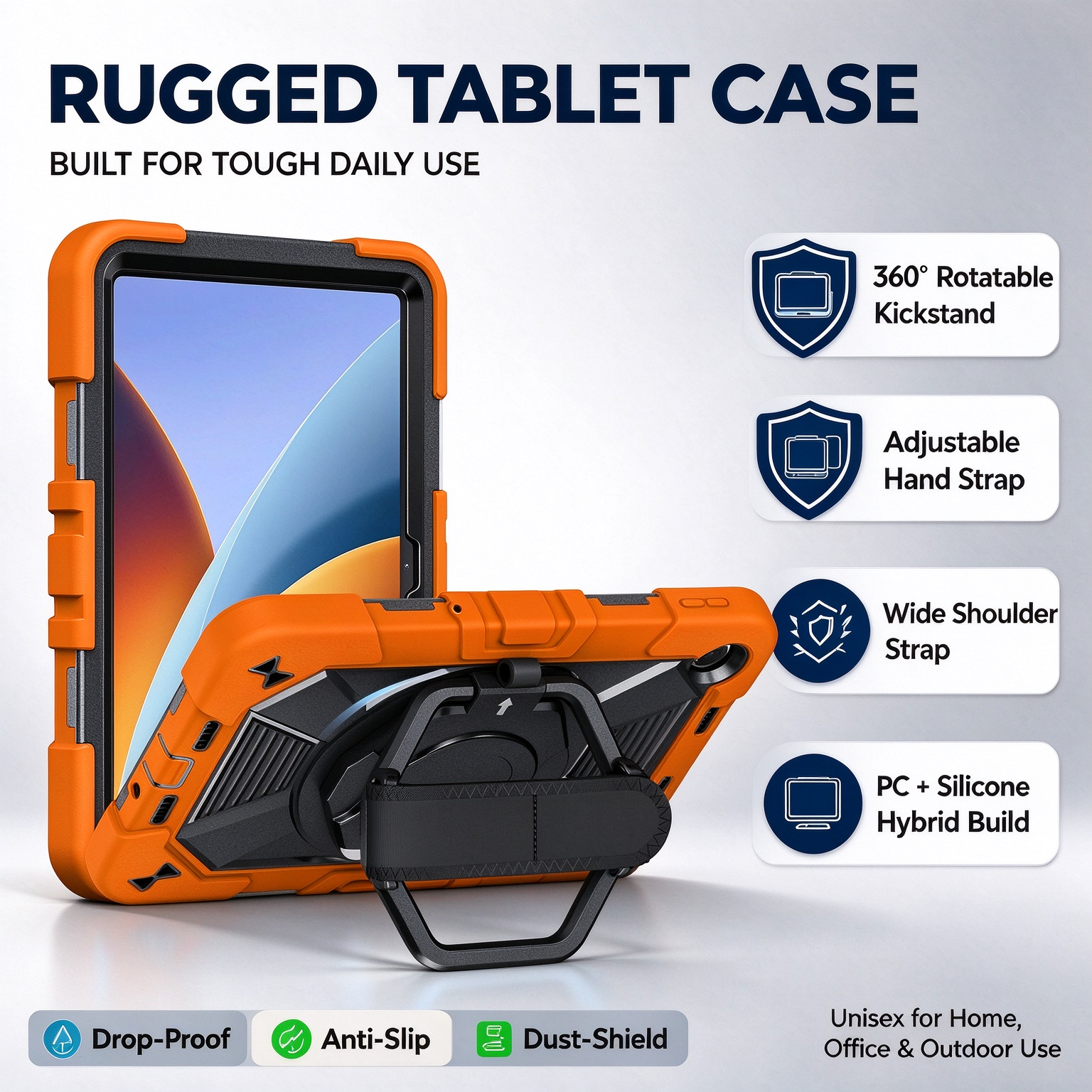 TOZIZO Vibrant Orange Rugged Tablet Case for Xiaomi Poco Pad C1, 3‑in‑1 Triple‑Proof Silicone+PC Outdoor Cover with 360° Rotating Kickstand