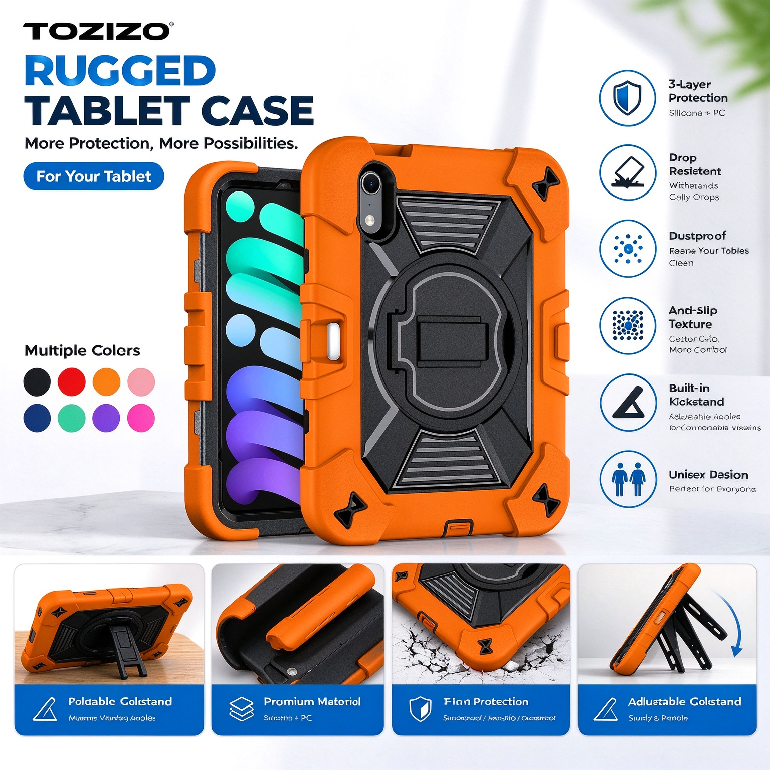 TOZIZO Orange Rugged Protective Cover for iPad Mini 8 with Foldable Multi-Angle Stand