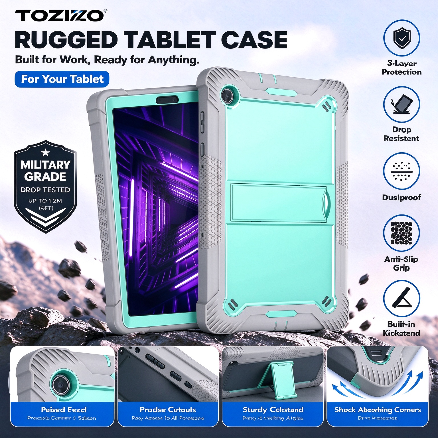 TOZIZO Grey Mint Silicone PC Tablet Case with Foldable Viewing Support for Lenovo Tab K10 2021 X6C6F