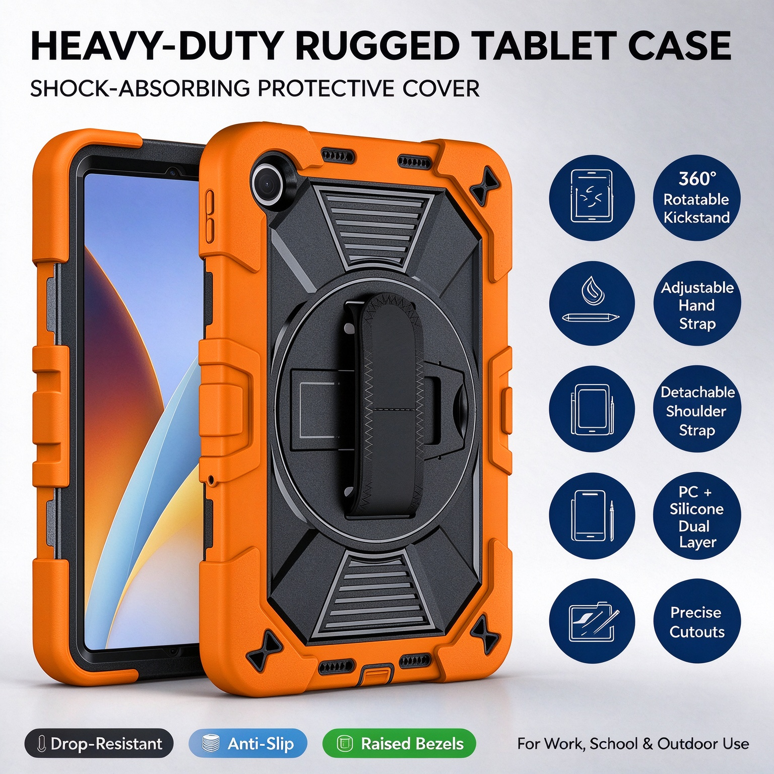 TOZIZO Vibrant Orange Rugged Protective Cover for Xiaomi Poco Pad C1, 3‑in‑1 Silicone‑PC Triple‑Proof Shell with 360° Rotatable Kickstand
