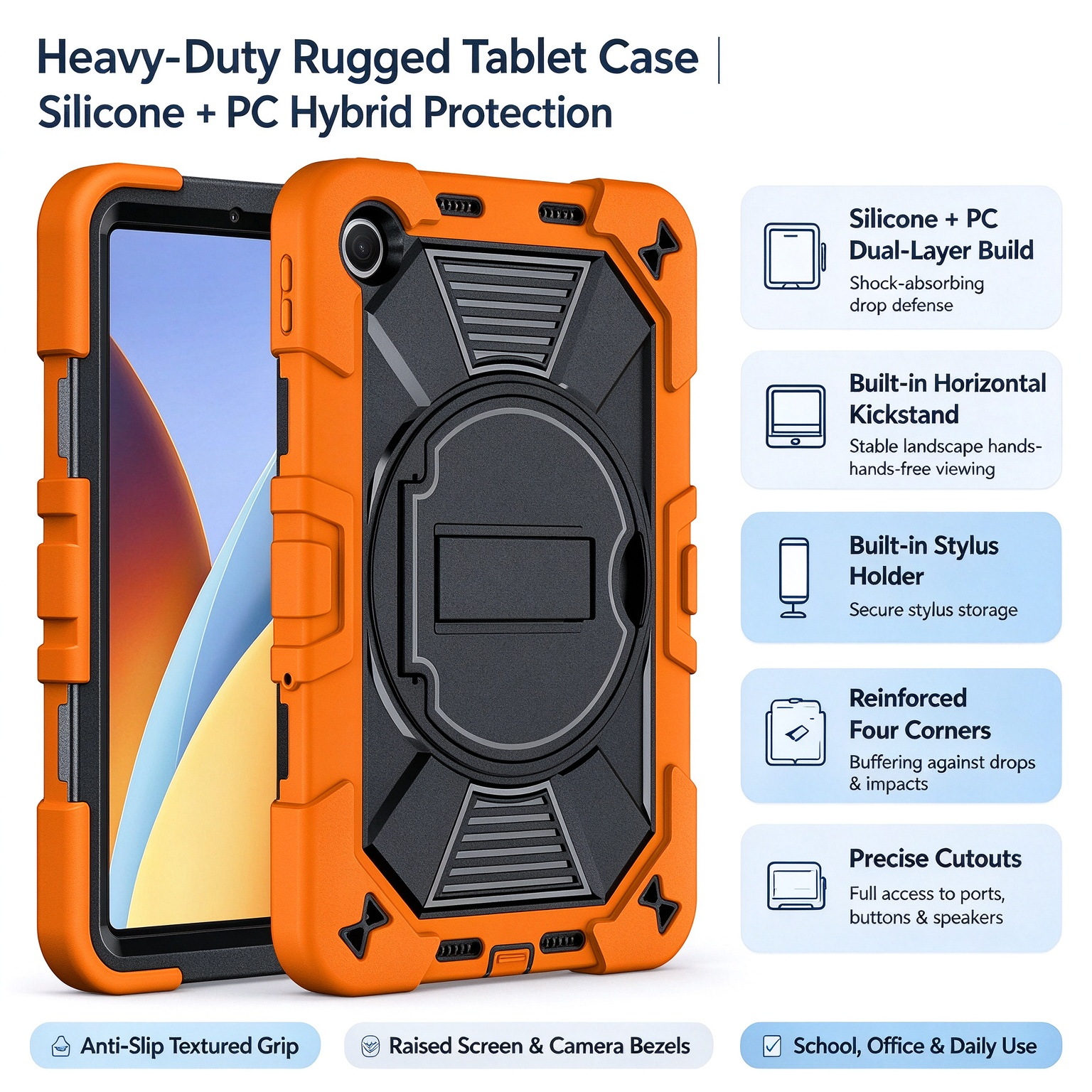 TOZIZO Vibrant Orange Outdoor‑Ready Rugged Protective Shell for Xiaomi Poco Pad C1 Silicone‑PC 3‑in‑1 Triple‑Proof Cover Foldable Horizontal Stand Pencil Slot for Travel Field‑Work Bulk Supply