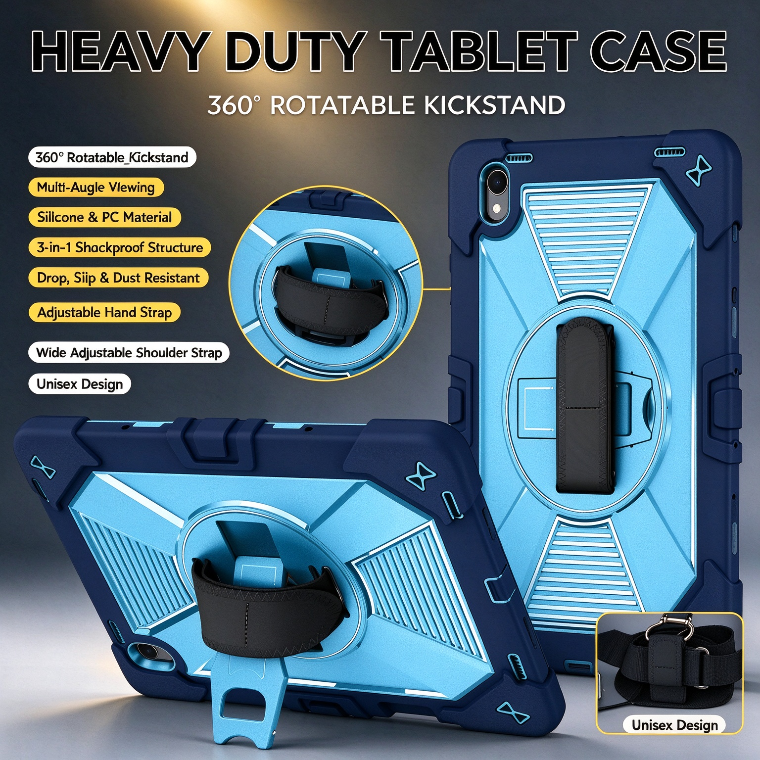 TOZIZO Navy Blue Rugged Tablet Cover for Samsung Galaxy Tab S12 Plus, 360° Rotating Stand, Silicone PC Protection, Adjustable Hand Strap and Wide Shoulder Strap