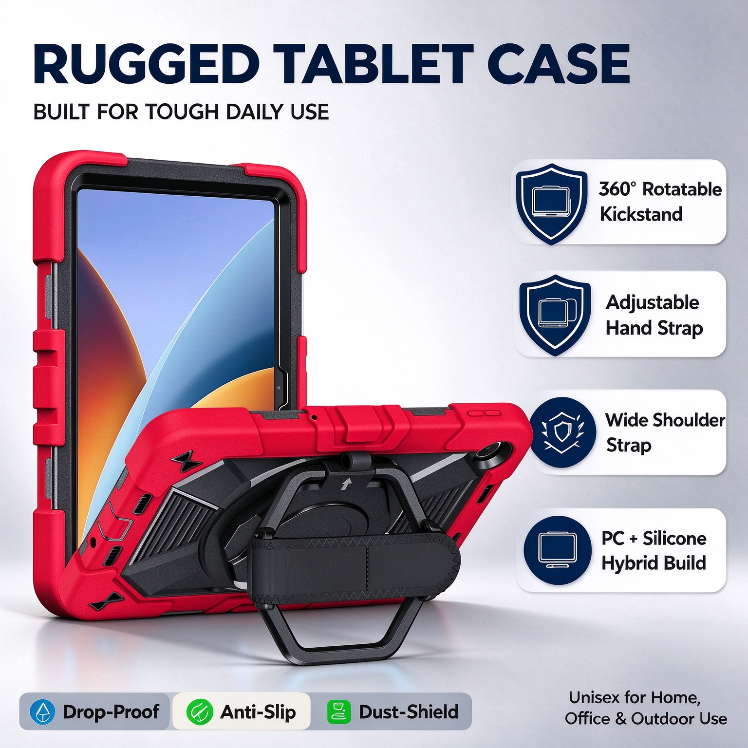 TOZIZO Bright Red Rugged Tablet Case for Xiaomi Poco Pad C1, 3‑in‑1 Triple‑Proof Silicone+PC Kids‑Friendly Cover with 360° Rotating Kickstand