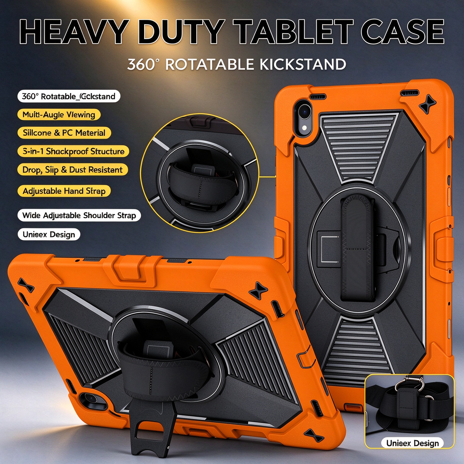 TOZIZO Orange Rugged Tablet Case for Samsung Galaxy Tab S12 Plus, 360° Rotating Stand, Silicone PC Protective Shell, Adjustable Hand Strap and Wide Shoulder Strap