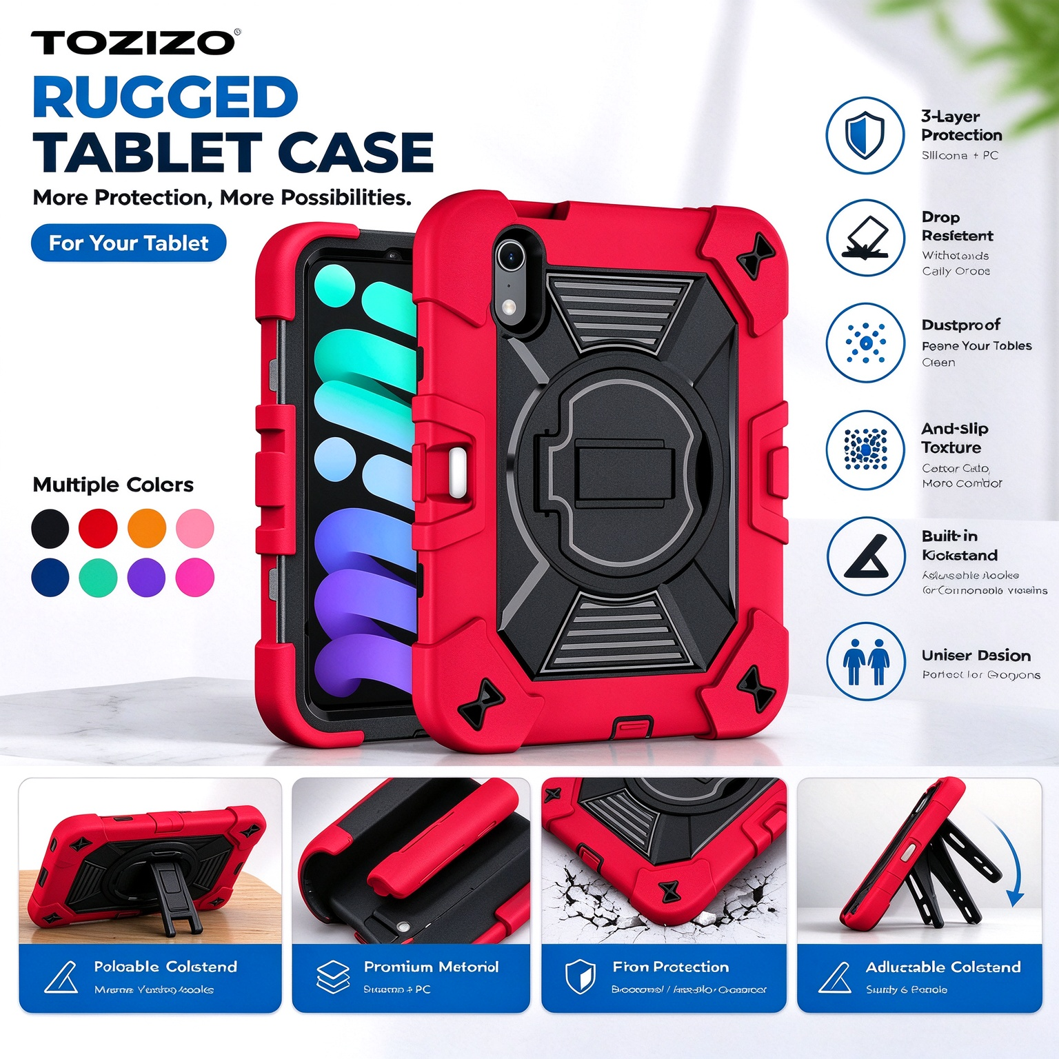 TOZIZO Red Drop-Resistant Tablet Cover for iPad Mini 8 with Folding Kickstand