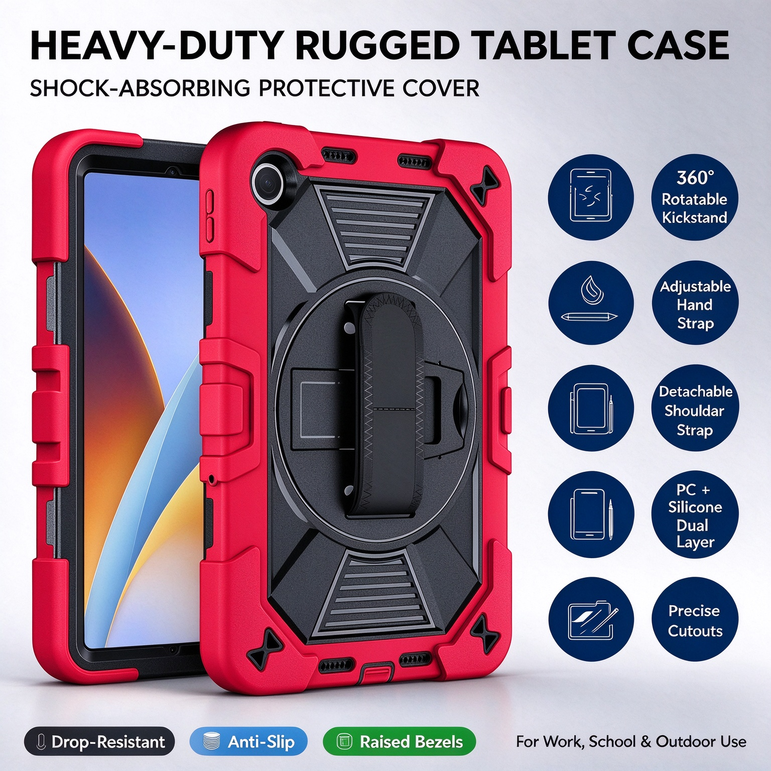 TOZIZO Bright Red Rugged Protective Cover for Xiaomi Poco Pad C1, 3‑in‑1 Silicone‑PC Triple‑Proof Shell with 360° Rotatable Kickstand