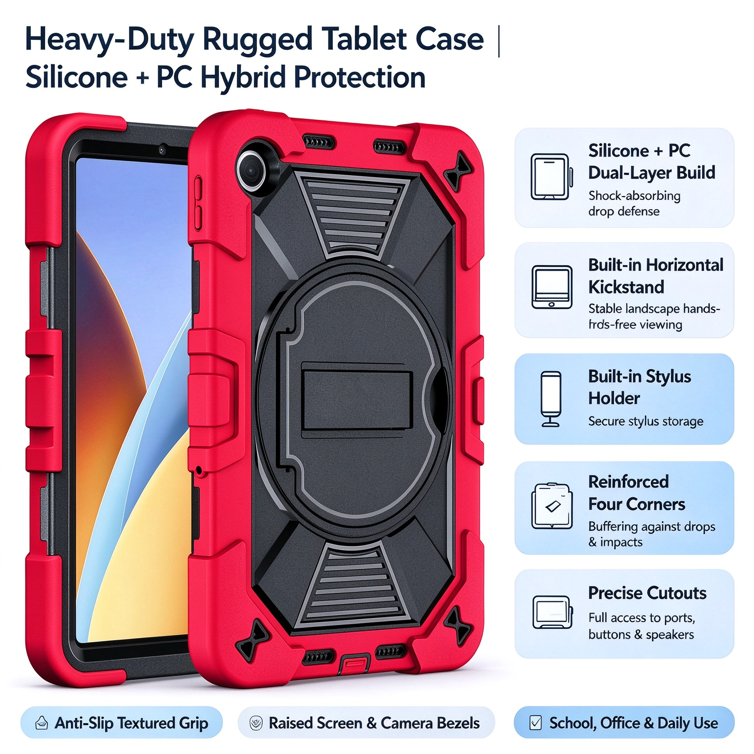 TOZIZO Bright Red Kids‑Friendly Rugged Protective Shell for Xiaomi Poco Pad C1 Silicone‑PC 3‑in‑1 Triple‑Proof Cover Foldable Horizontal Stand Pencil Slot for School Education Bulk Procurement