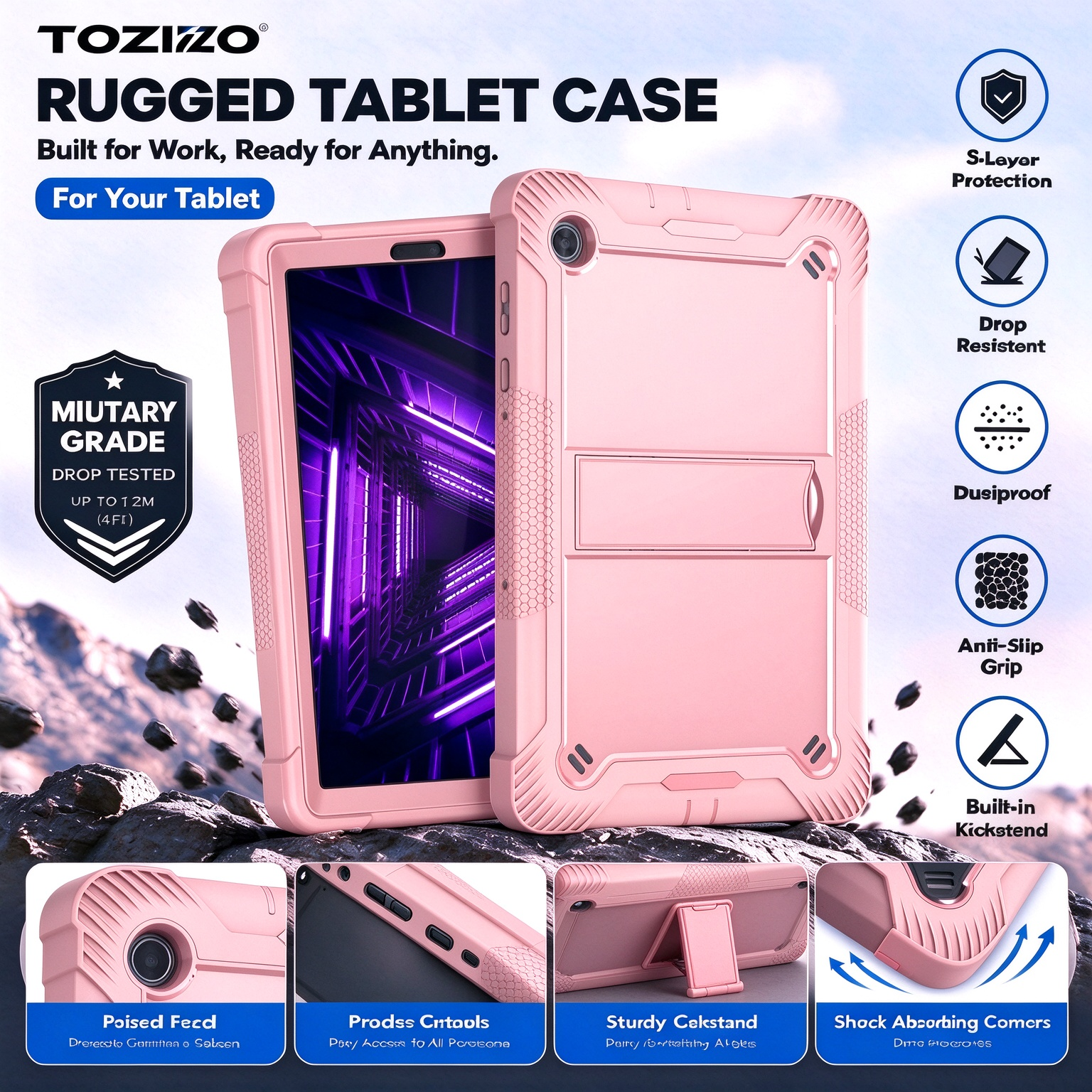 TOZIZO Rose Gold Tablet Protection Cover with Multi Angle Foldable Kickstand for Lenovo Tab K10 2021 X6C6F