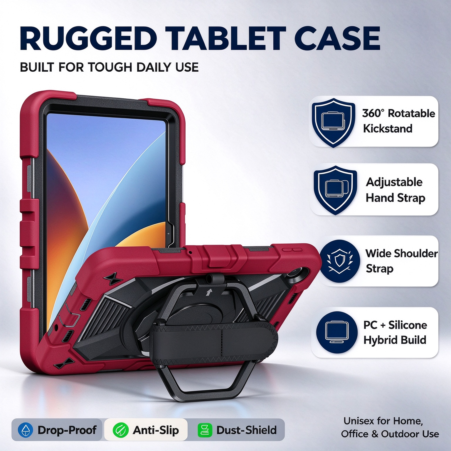 TOZIZO Wine Red Rugged Tablet Case for Xiaomi Poco Pad C1, 3‑in‑1 Triple‑Proof Silicone+PC Business Cover with 360° Rotating Kickstand