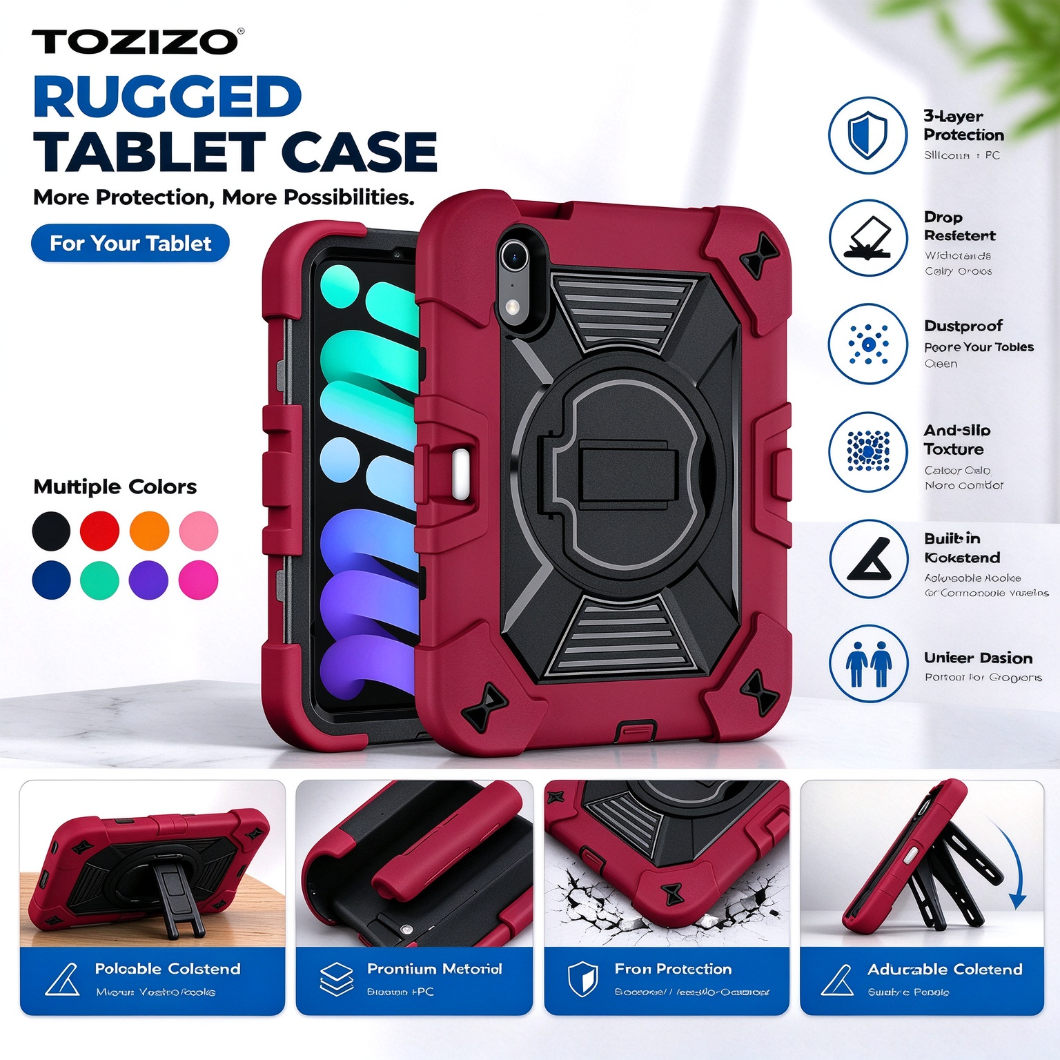 TOZIZO Wine Red Rugged Tablet Case for iPad Mini 8 with Foldable Multi-Angle Kickstand