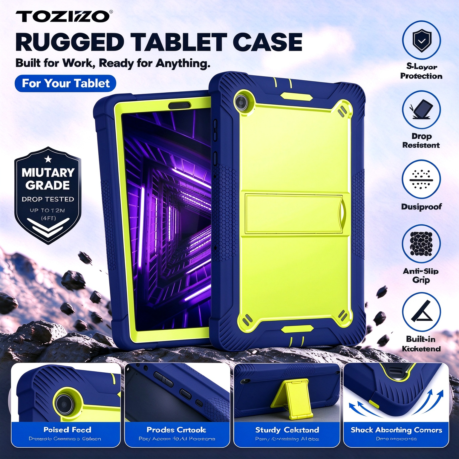 TOZIZO Navy Blue Rugged Tablet Cover with Foldable Viewing Stand for Lenovo Tab K10 2021 X6C6F