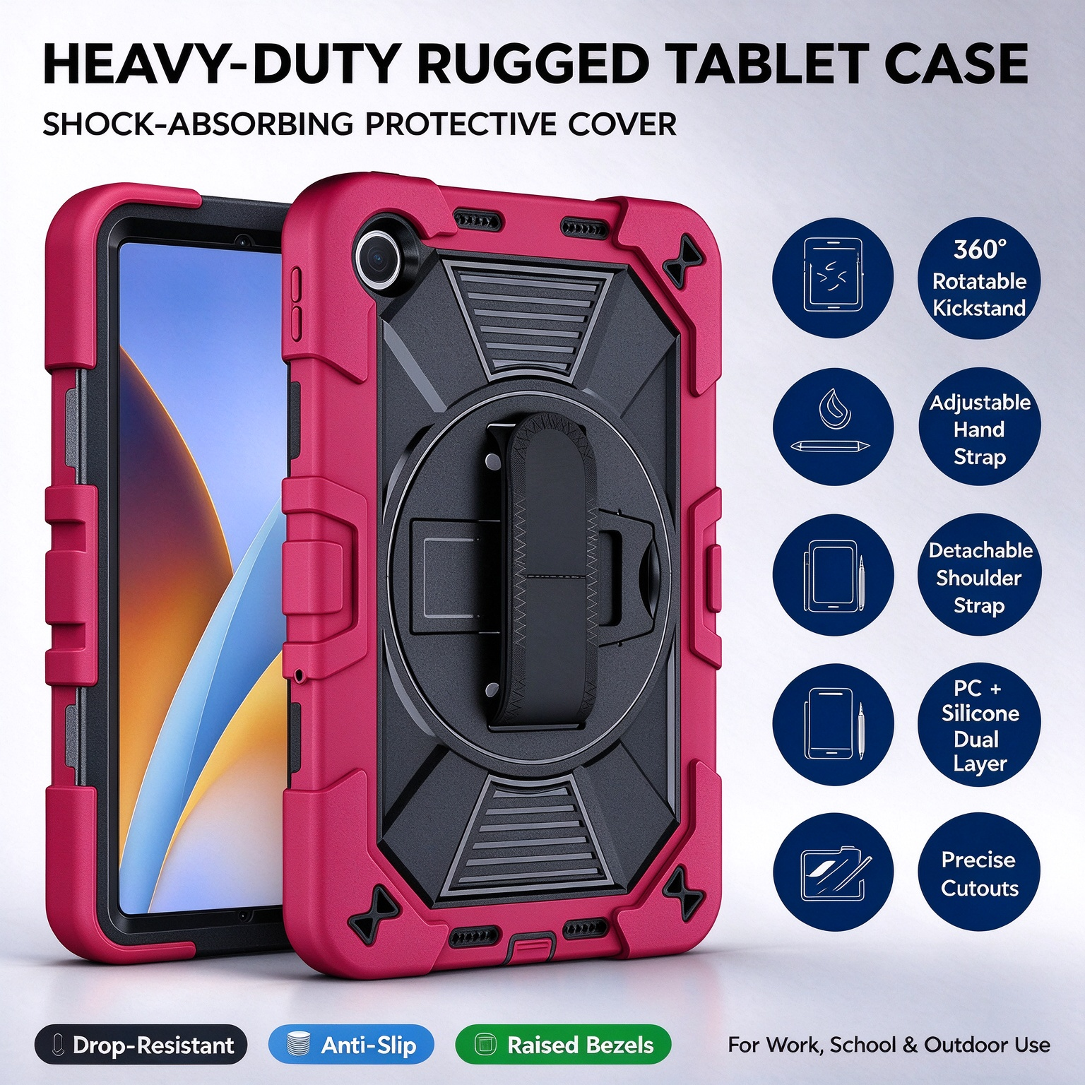 TOZIZO Wine Red Elegant Rugged Protective Cover for Xiaomi Poco Pad C1, 3‑in‑1 Silicone‑PC Triple‑Proof Shell with 360° Rotatable Kickstand