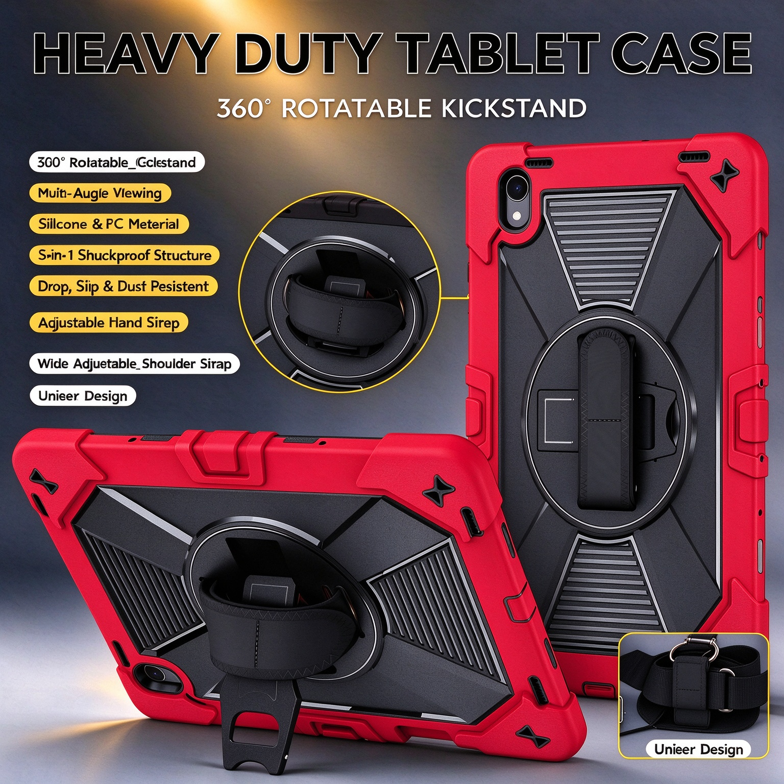 TOZIZO Red Rugged Tablet Cover with 360° Rotating Stand, Silicone PC Protection, Adjustable Grip Hand Strap and Wide Shoulder Strap for Samsung Galaxy Tab S12 Plus