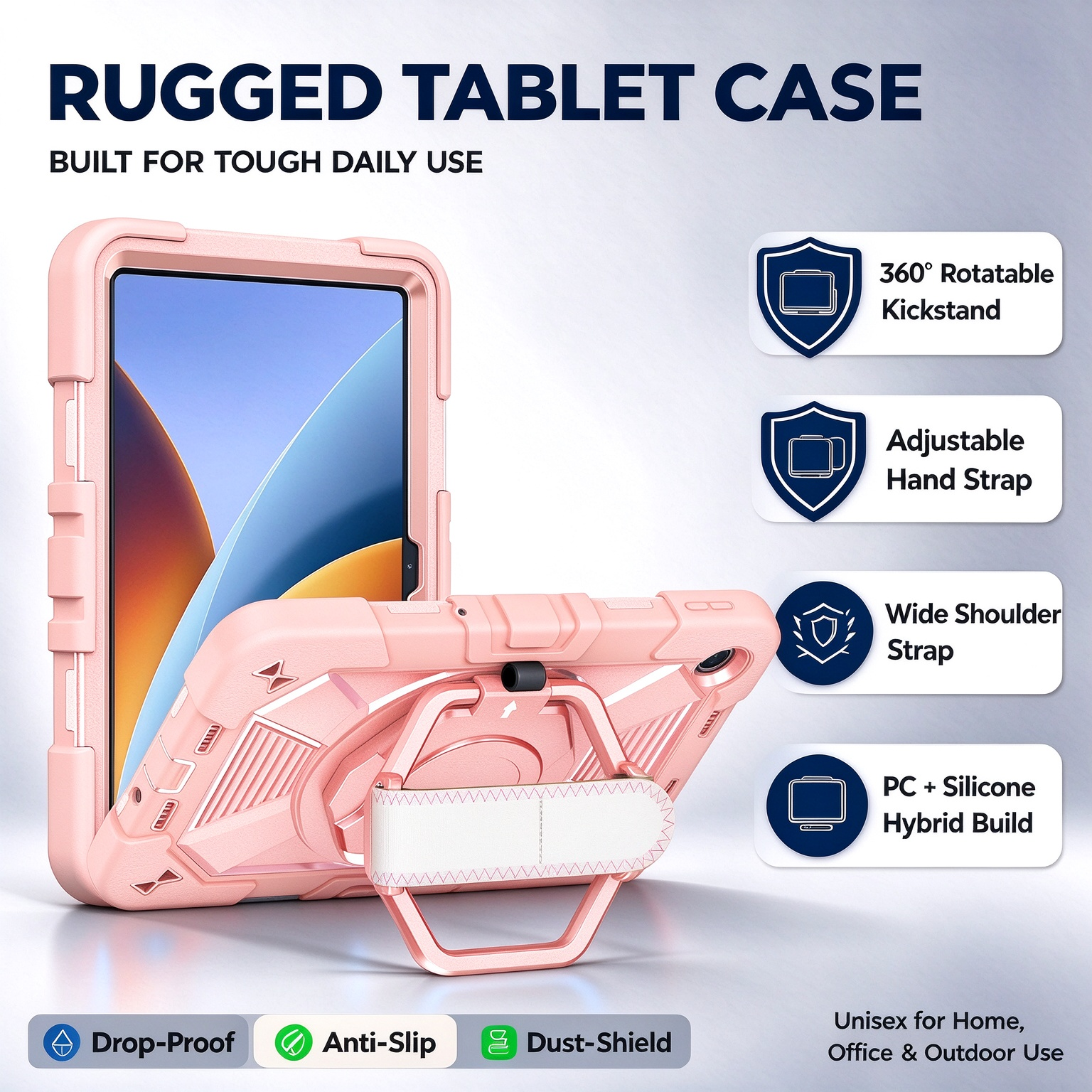 TOZIZO Rose Gold Rugged Tablet Case for Xiaomi Poco Pad C1, 3‑in‑1 Triple‑Proof Silicone+PC Elegant Cover with 360° Rotating Kickstand