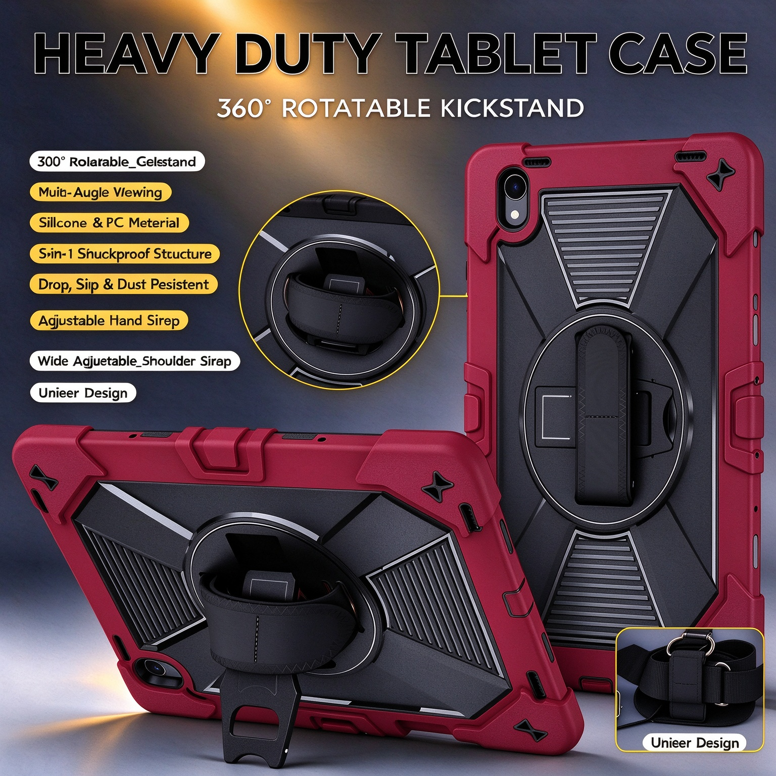 TOZIZO Wine Red Protective Tablet Cover for Samsung Galaxy Tab S12 Plus, 360° Rotating Support, Silicone PC Structure, Adjustable Hand Grip and Wide Shoulder Strap
