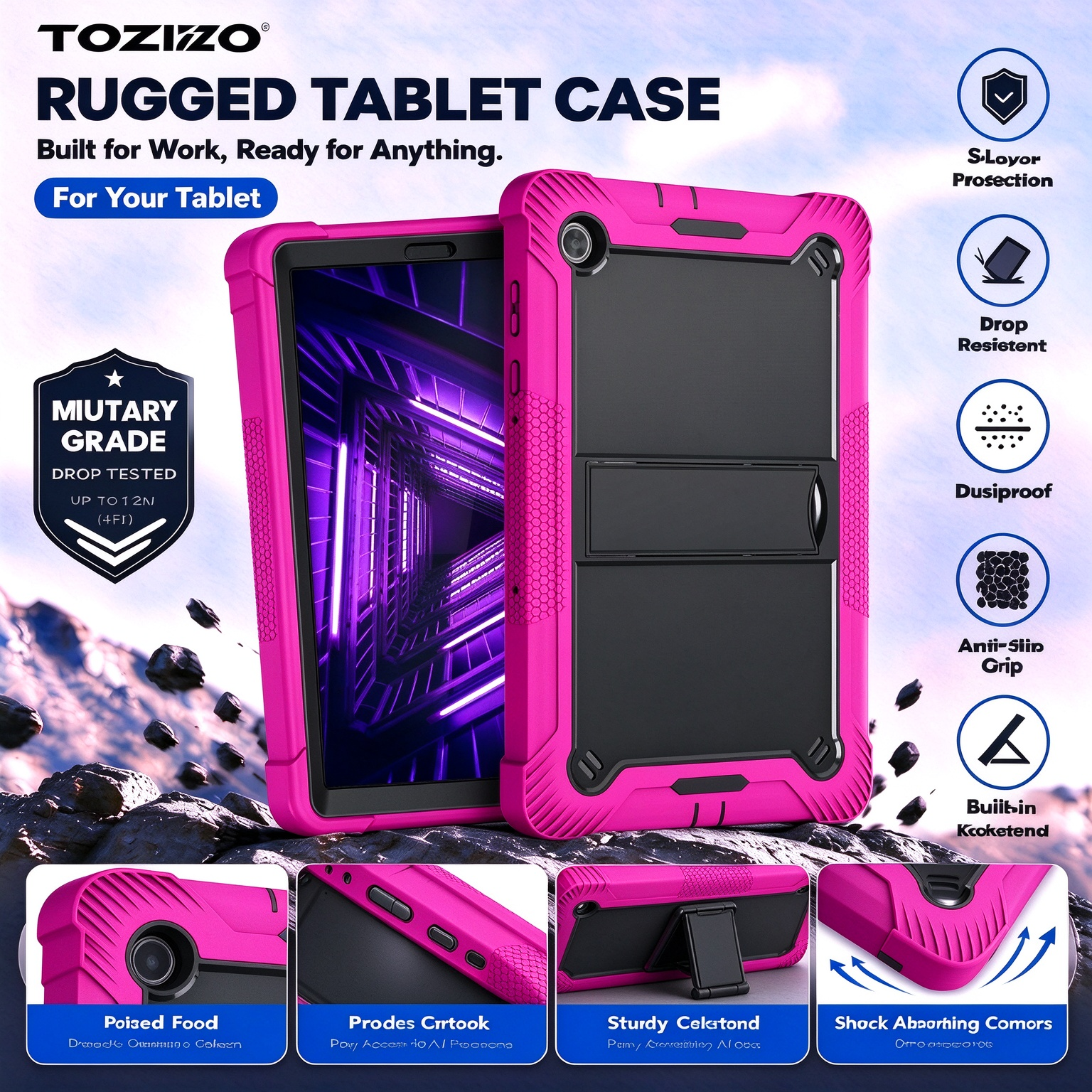 TOZIZO Rose Red Rugged Tablet Cover with Foldable Multi Angle Kickstand for Lenovo Tab K10 2021 X6C6F