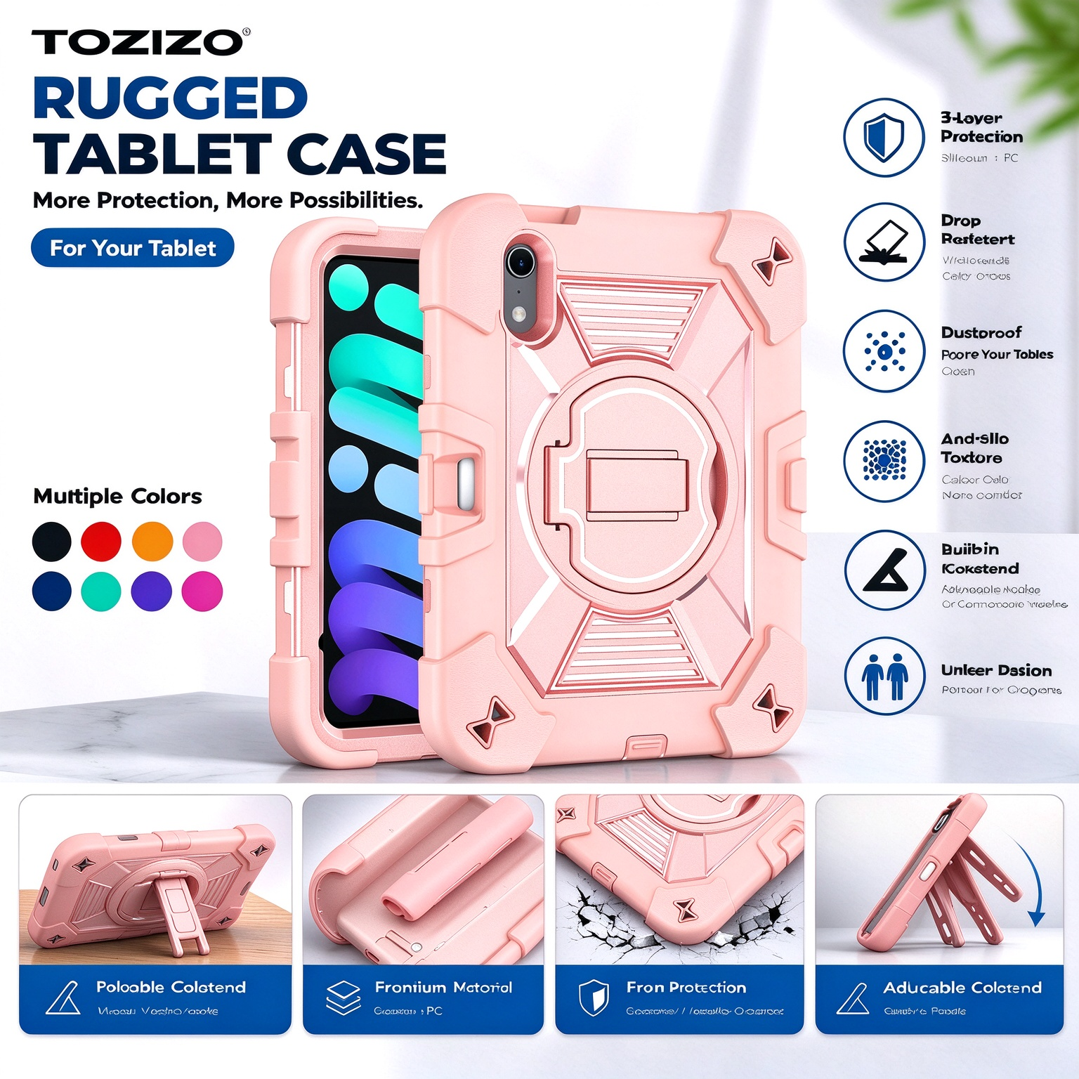 TOZIZO Rose Gold Protective Cover for iPad Mini 8 with Foldable Viewing Stand