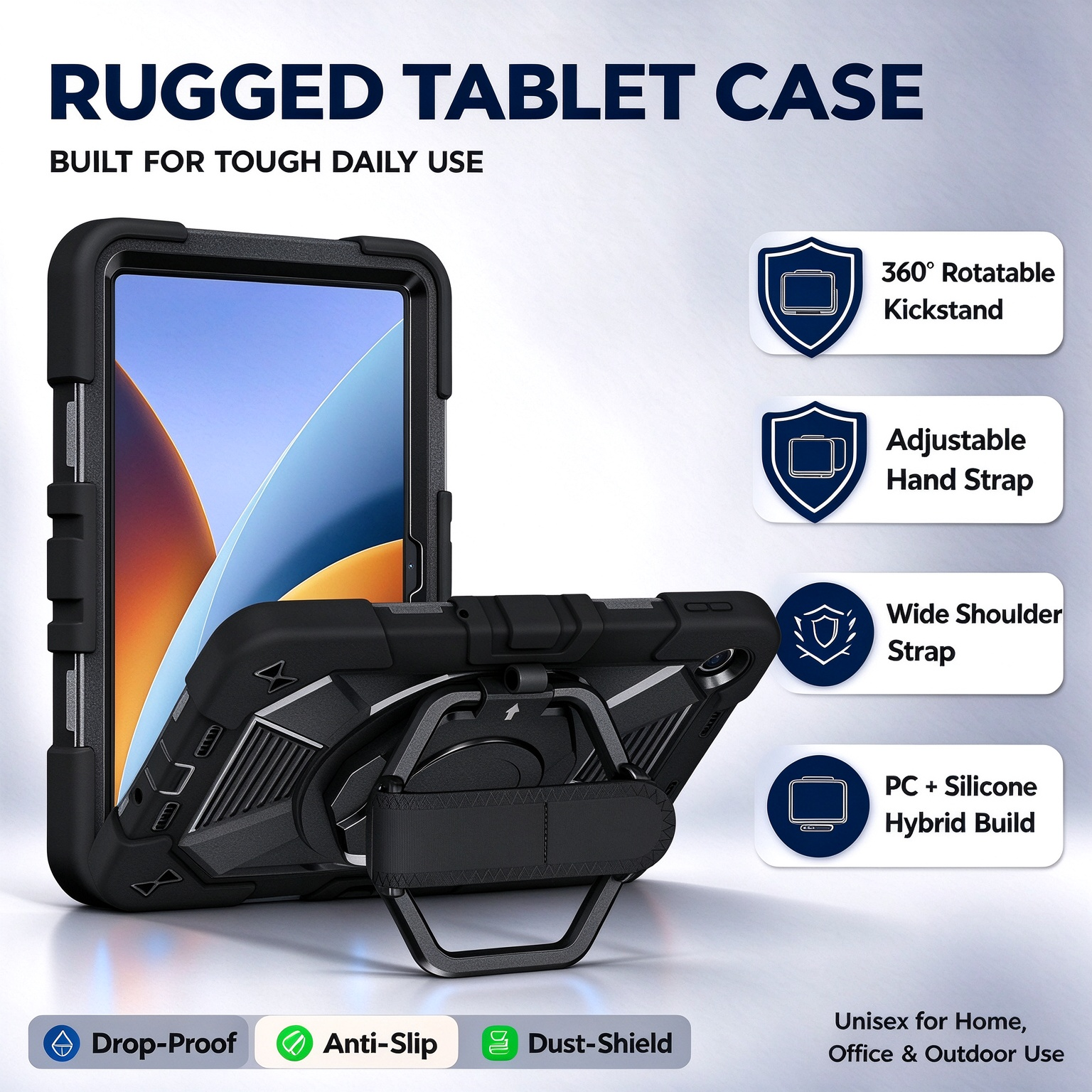 TOZIZO Rugged Heavy-Duty Black Tablet Case for Xiaomi Poco Pad C1, 3-in-1 Triple-Proof Silicone+PC Cover with 360° Rotating Kickstand