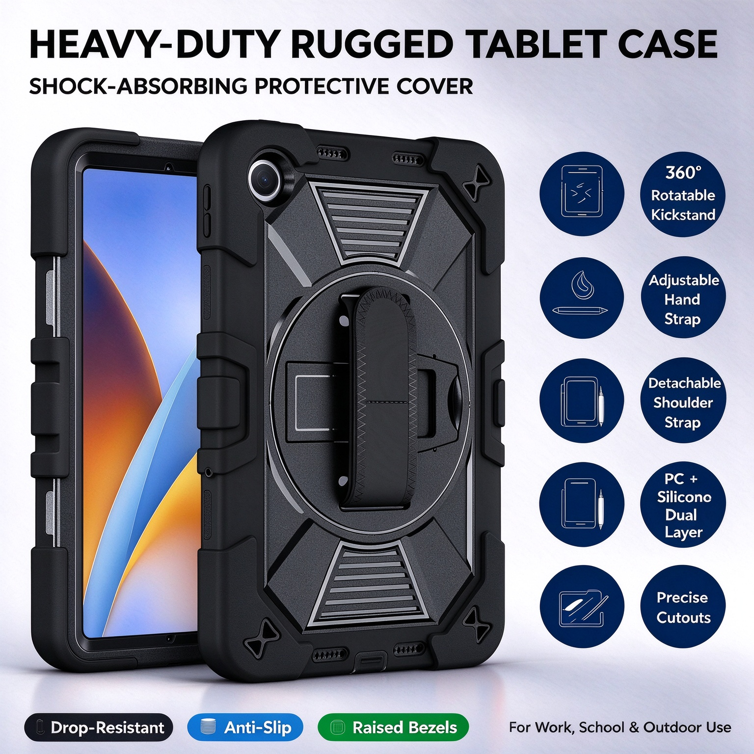 TOZIZO Black Rugged Protective Cover for Xiaomi Poco Pad C1, 3‑in‑1 Silicone‑PC Triple‑Proof Shell with 360° Rotatable Kickstand, Widened Shoulder Strap for Industrial Warehouse Bulk Orders