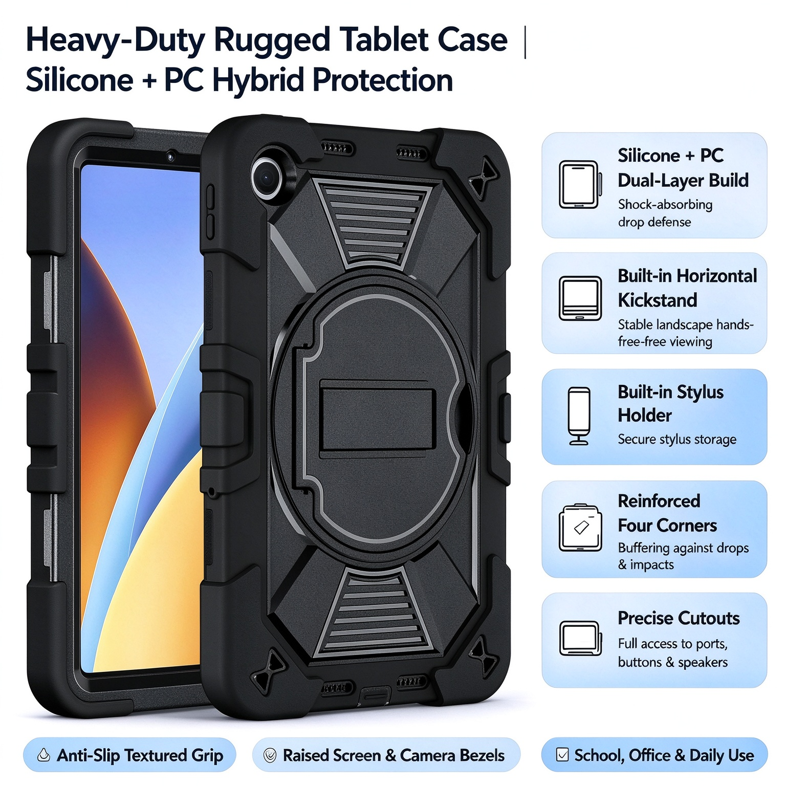 TOZIZO Black Heavy‑Duty Rugged Protective Shell for Xiaomi Poco Pad C1 Silicone‑PC 3‑in‑1 Triple‑Proof Cover Foldable Horizontal Stand Pencil Slot for Industrial Warehouse Bulk Business Orders