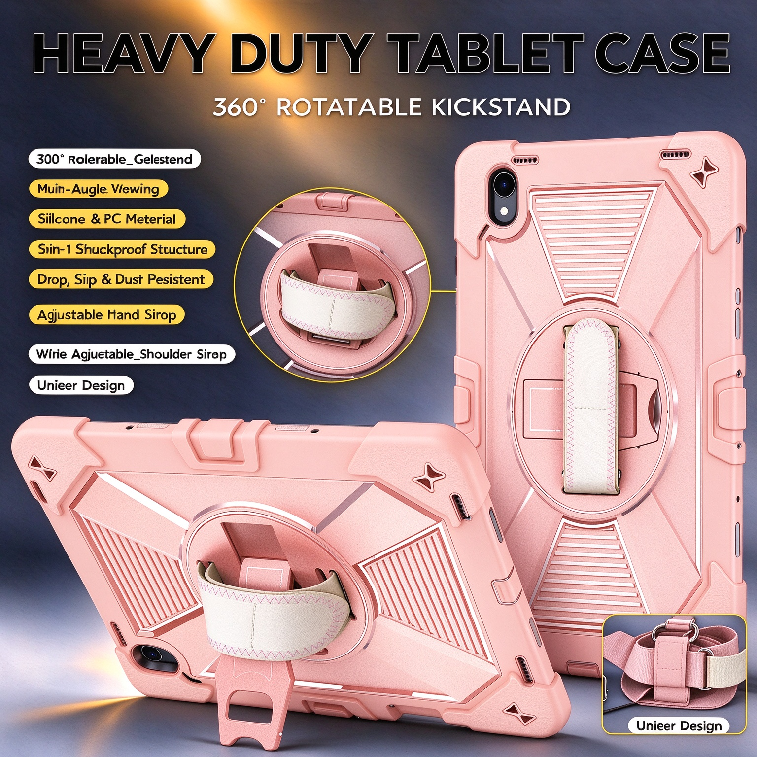 TOZIZO Rose Gold Tablet Case for Samsung Galaxy Tab S12 Plus, 360° Rotating Stand, Silicone PC Protective Design, Adjustable Hand Strap and Wide Shoulder Strap