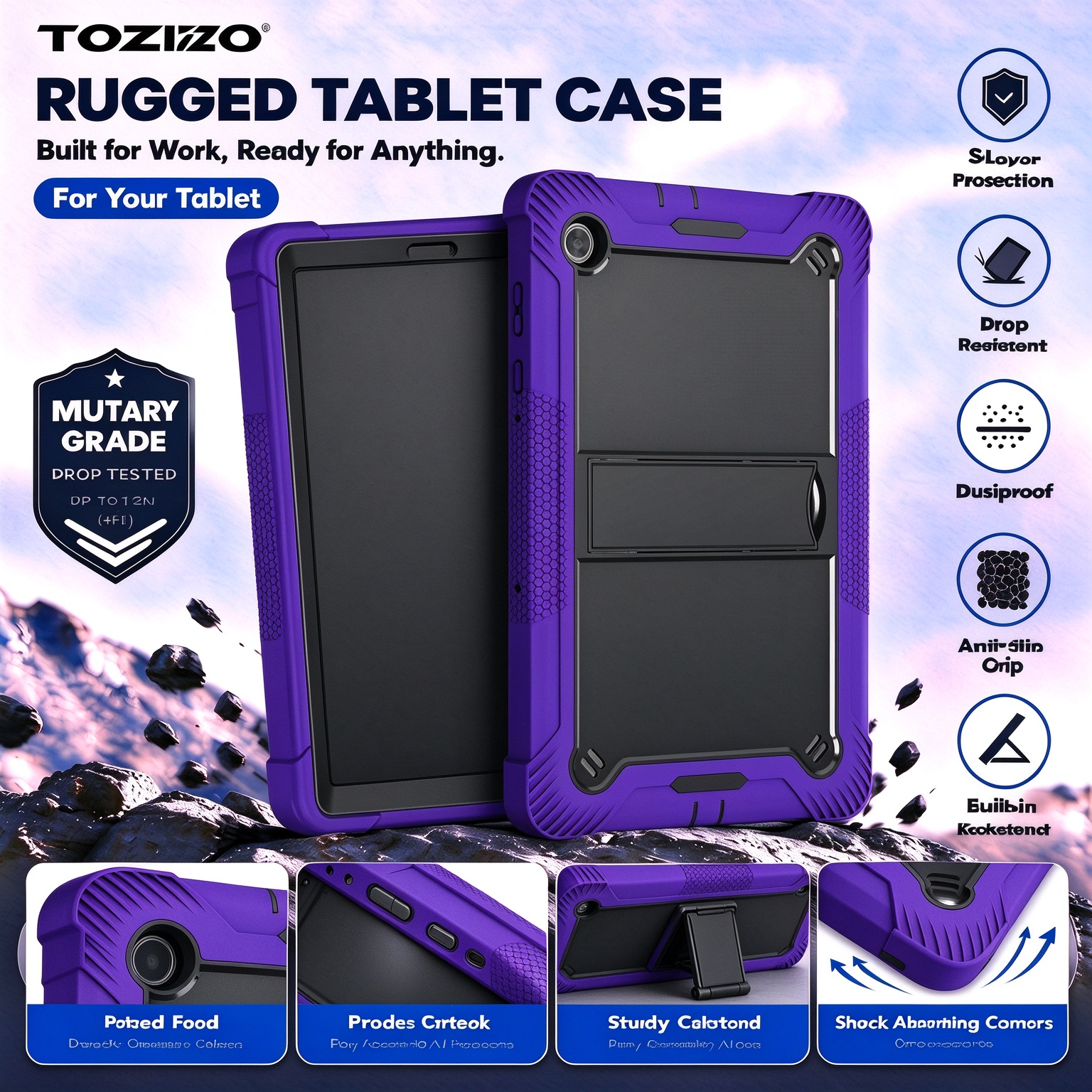TOZIZO Purple Black Protective Tablet Shell with Foldable Kickstand for Lenovo Tab K10 2021 X6C6F