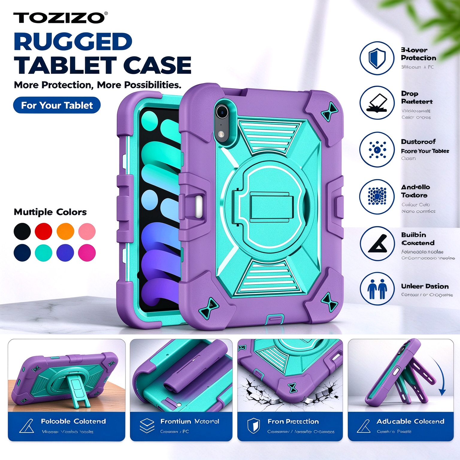 TOZIZO Purple Mint Hybrid Protective Case for iPad Mini 8 with Foldable Viewing Stand