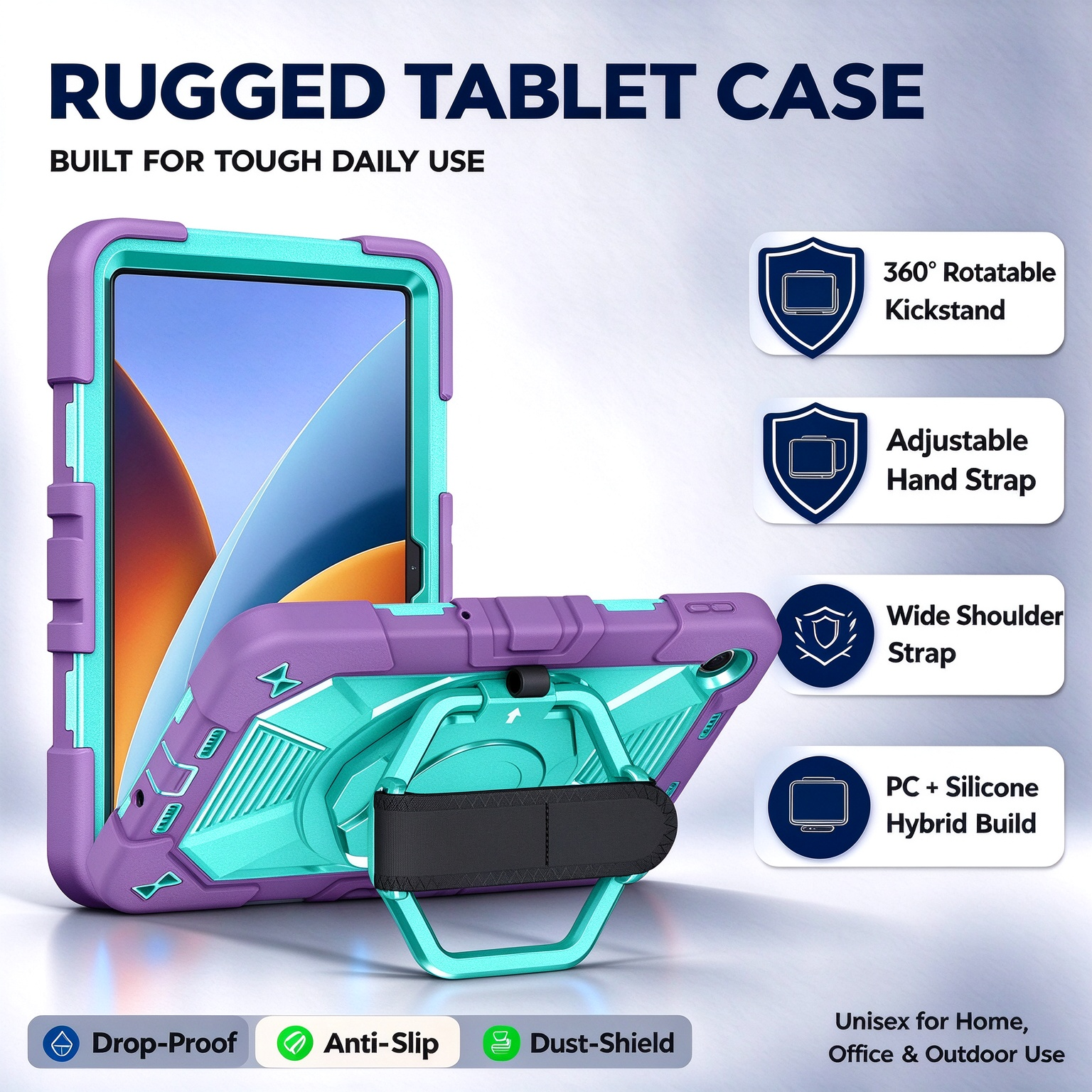 TOZIZO Purple Mint Rugged Tablet Case for Xiaomi Poco Pad C1, 3‑in‑1 Triple‑Proof Silicone+PC Fashion Cover with 360° Rotating Kickstand