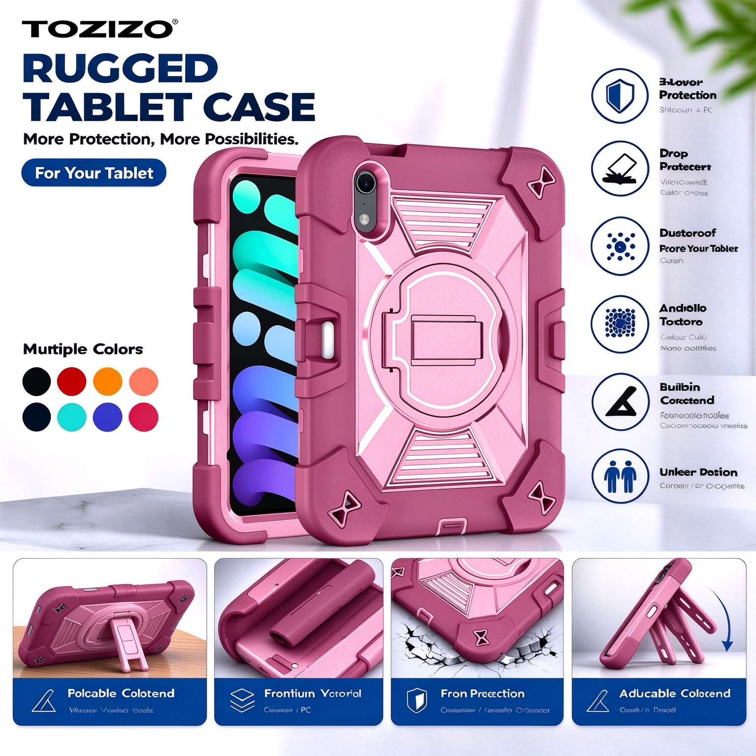 TOZIZO Rose Red Shock-Resistant Tablet Cover for iPad Mini 8 with Folding Stand