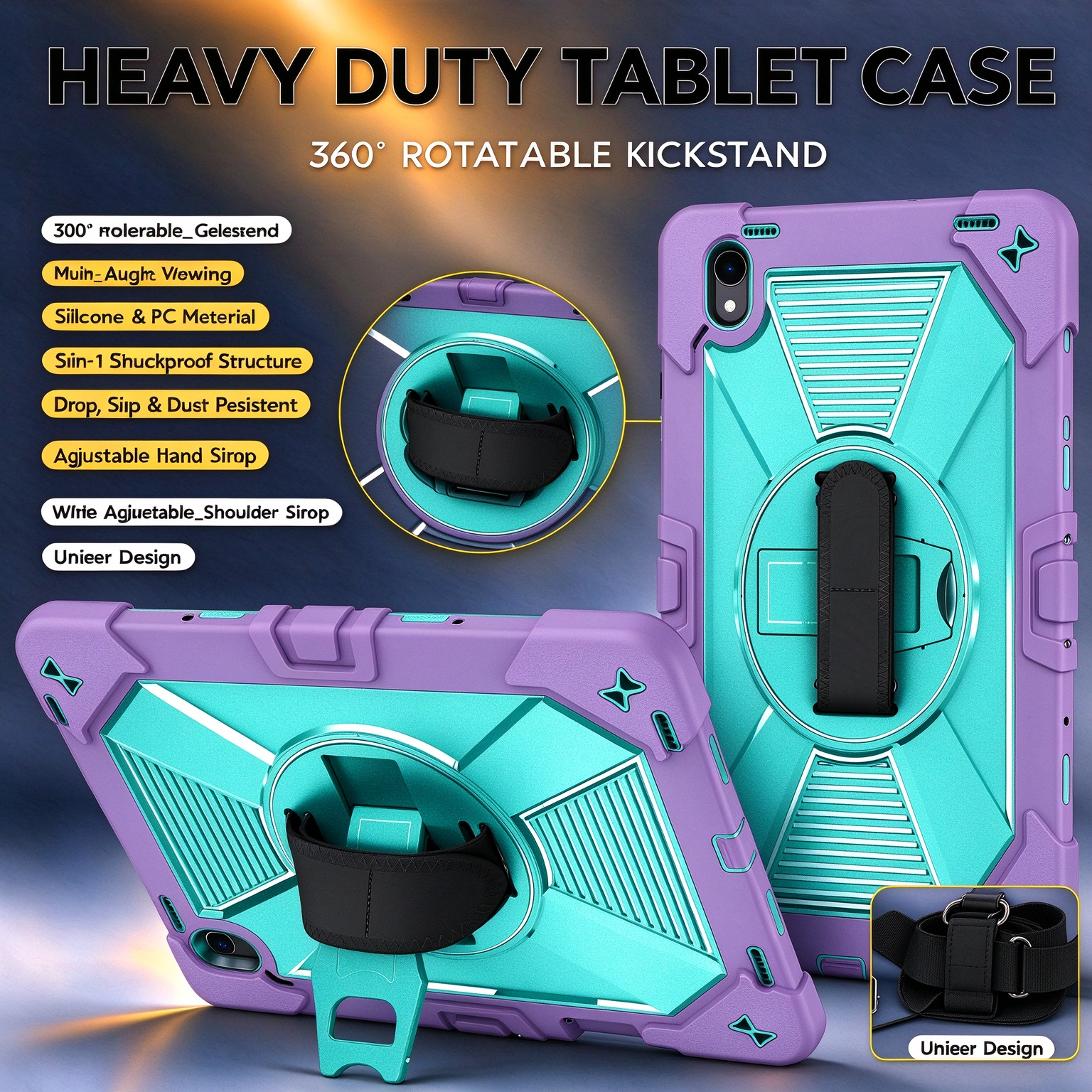 TOZIZO Purple Mint Protective Tablet Case for Samsung Galaxy Tab S12 Plus, 360° Rotating Stand, Silicone PC Shell, Adjustable Hand Strap and Wide Shoulder Strap