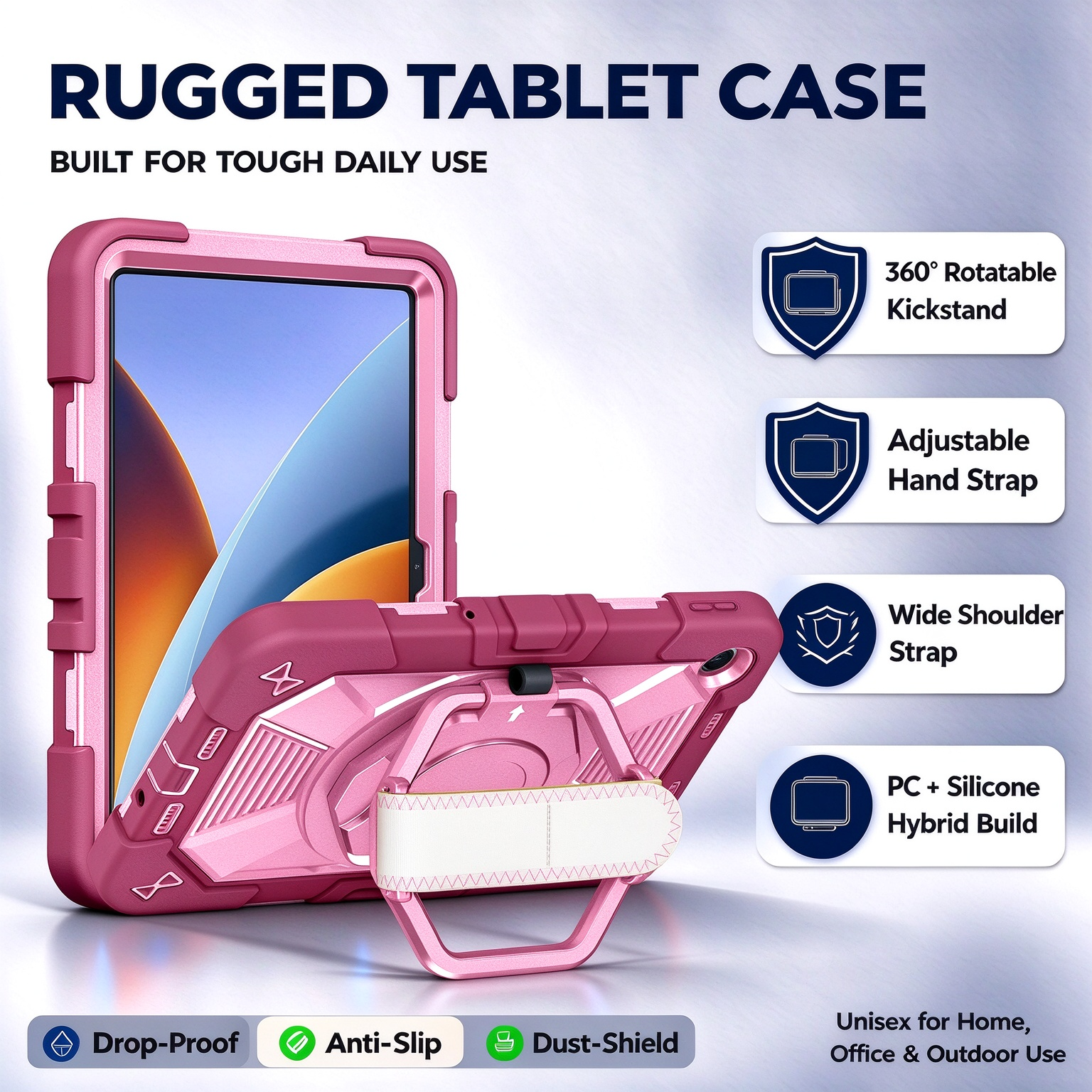 TOZIZO Rose Red Rugged Tablet Case for Xiaomi Poco Pad C1, 3‑in‑1 Triple‑Proof Silicone+PC Stylish Cover with 360° Rotating Kickstand