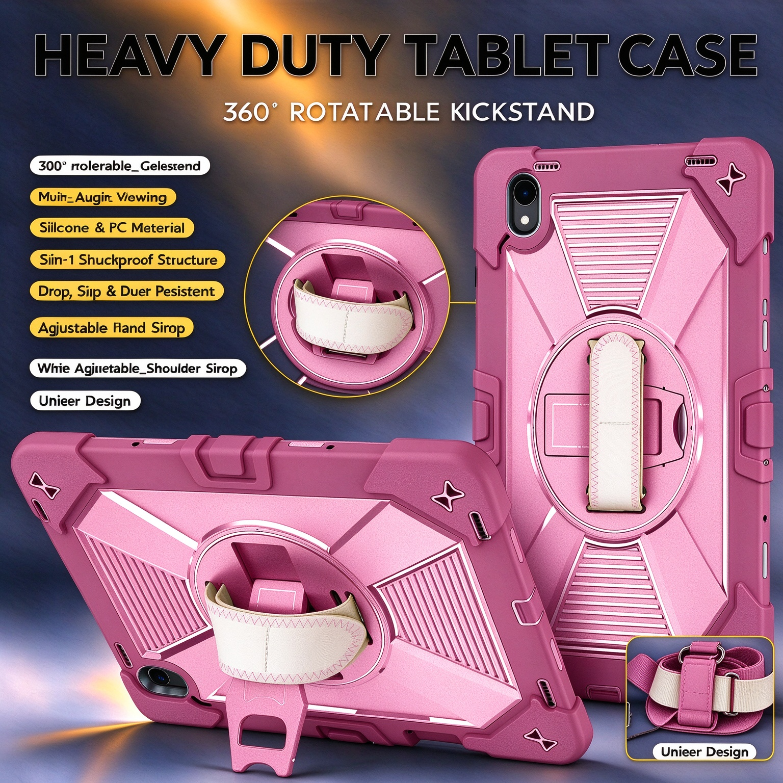 TOZIZO Rose Red Rugged Tablet Case for Samsung Galaxy Tab S12 Plus with 360° Rotating Stand, Silicone PC Protection, Adjustable Hand Strap and Wide Shoulder Strap