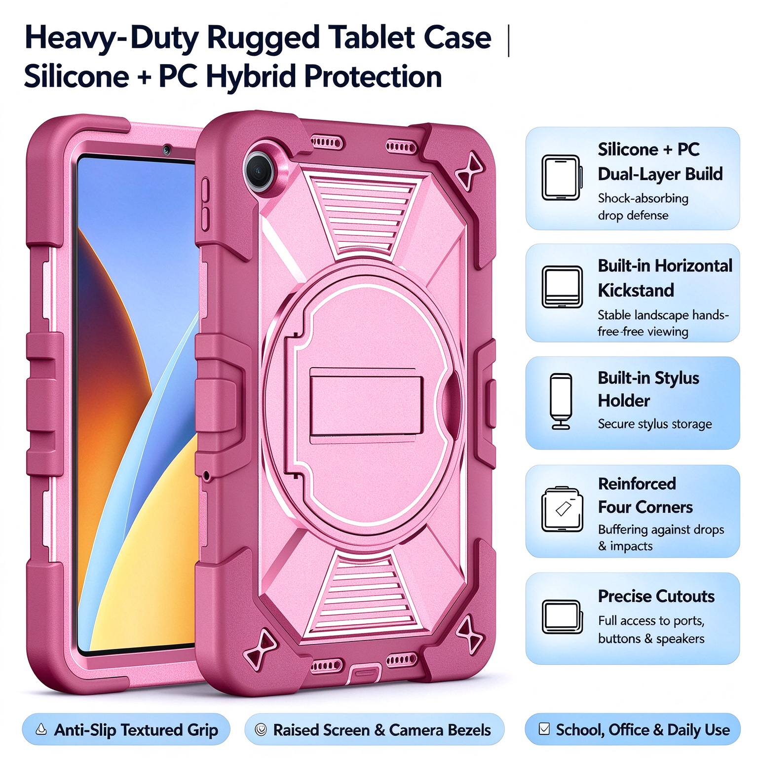 TOZIZO Rose Red Stylish Mixed‑Scenario Rugged Protective Shell for Xiaomi Poco Pad C1 Silicone‑PC Cover Foldable Horizontal Stand Pencil Slot for Personal Business Hybrid Use Bulk Supply