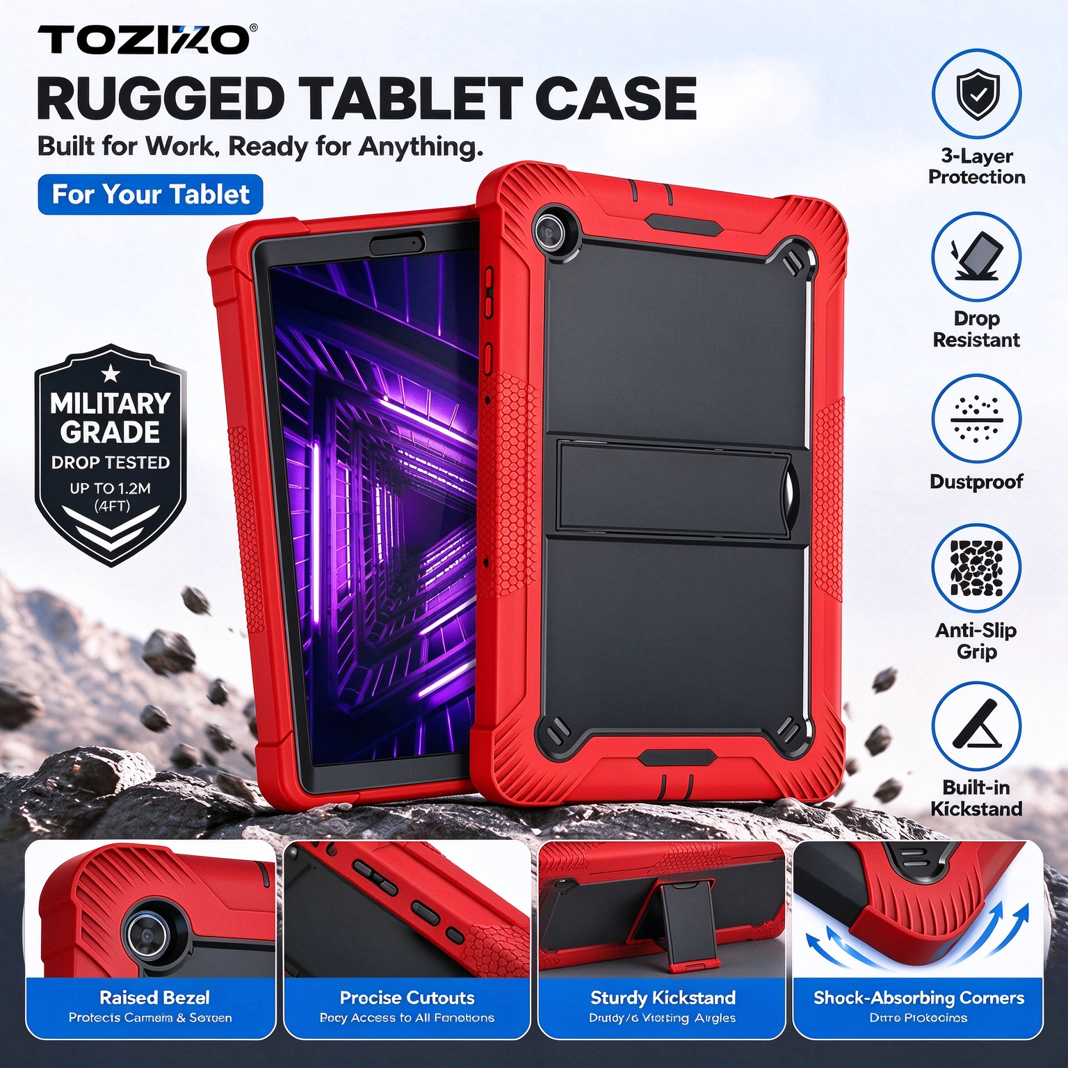 TOZIZO Red Black Silicone PC Tablet Cover with Multi Angle Stand for Lenovo Tab K10 2021 X6C6F