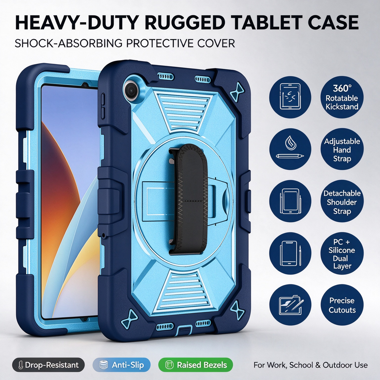 TOZIZO Navy Blue Formal Rugged Protective Cover for Xiaomi Poco Pad C1, 3‑in‑1 Silicone‑PC Triple‑Proof Shell with 360° Rotatable Kickstand