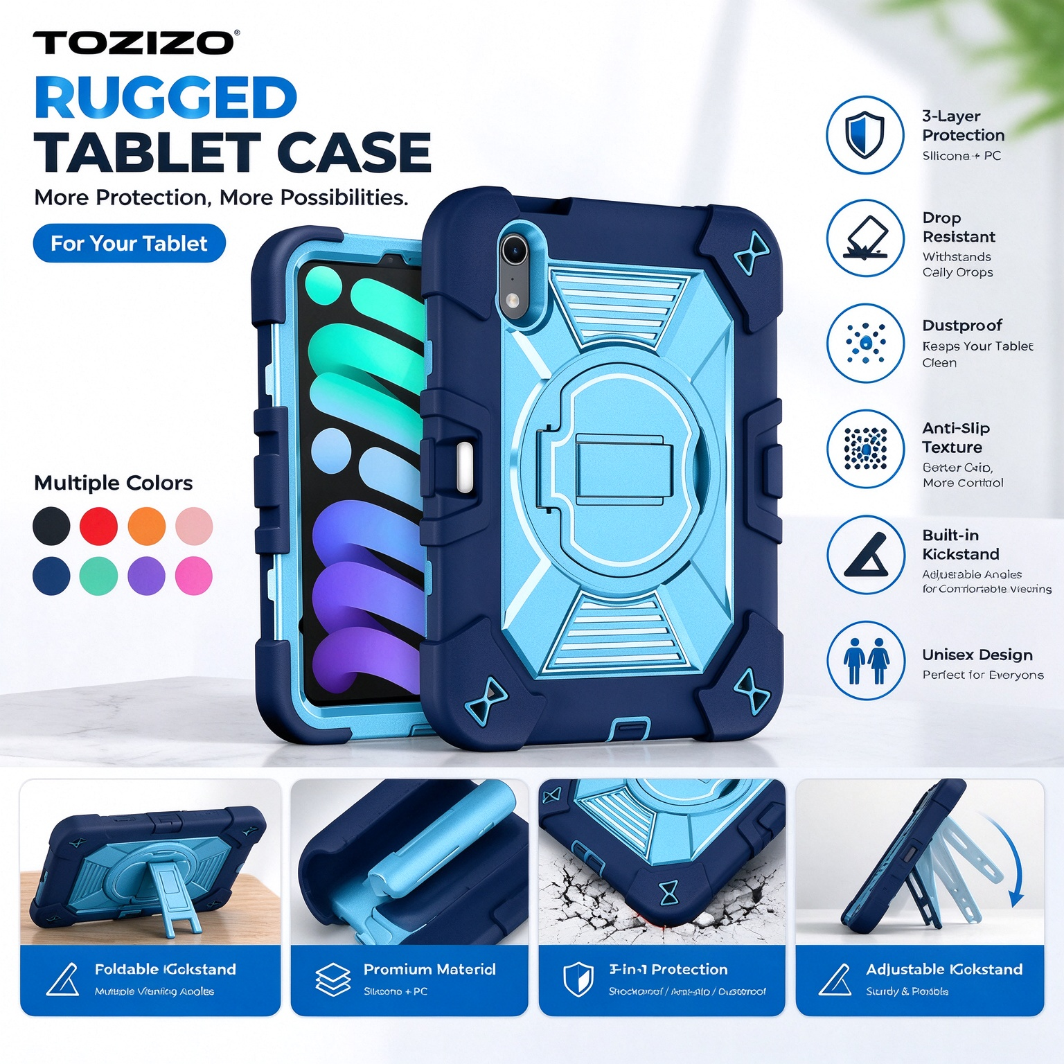 TOZIZO Navy Blue Drop-Resistant Case for iPad Mini 8 with Foldable Kickstand