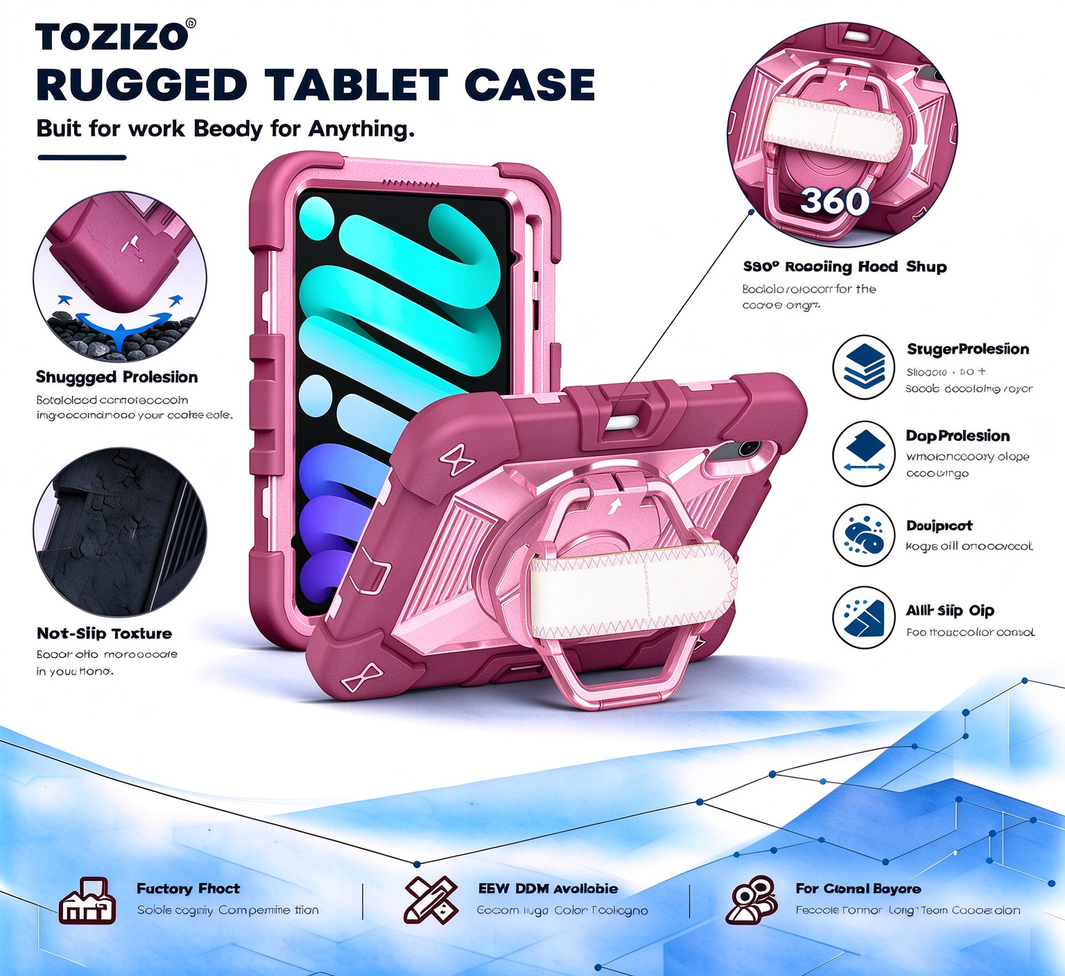 TOZIZO Rose Red Multi-Function Rugged Case for iPad mini 8, 360° Rotating Stand, Hook Hanging Support, Hand Carry Function and Adjustable Straps