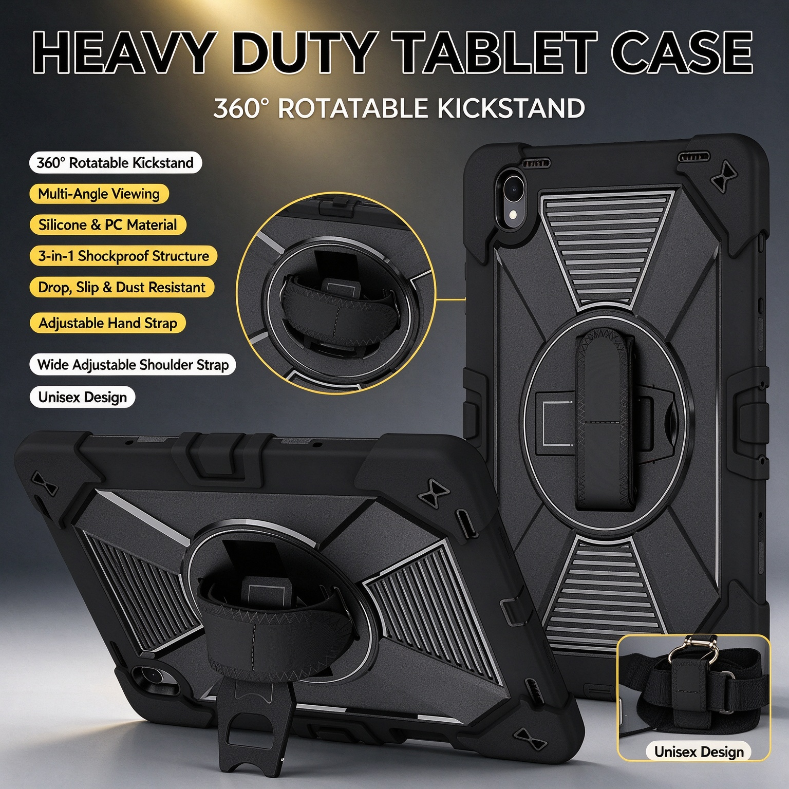 TOZIZO Black Rugged Tablet Case with 360° Rotating Stand, Adjustable Hand Strap and Wide Shoulder Strap, Silicone PC Protective Cover for Samsung Galaxy Tab S12 Plus