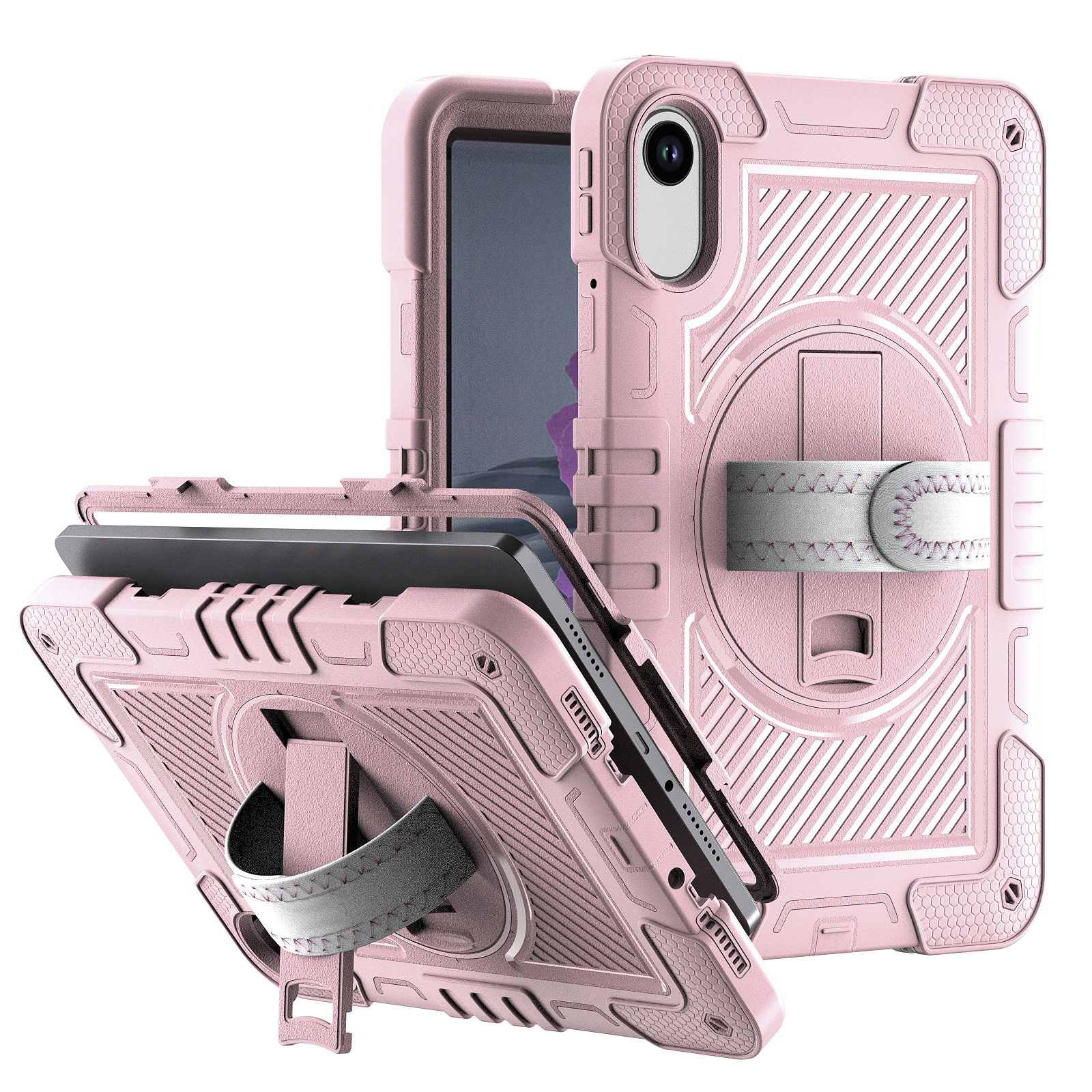 TOZIZO for Redmi Pad 2 Rose Gold Protective Work Case with 360° Multi-Angle Stand, Hand Grip & Shoulder Carry Strap