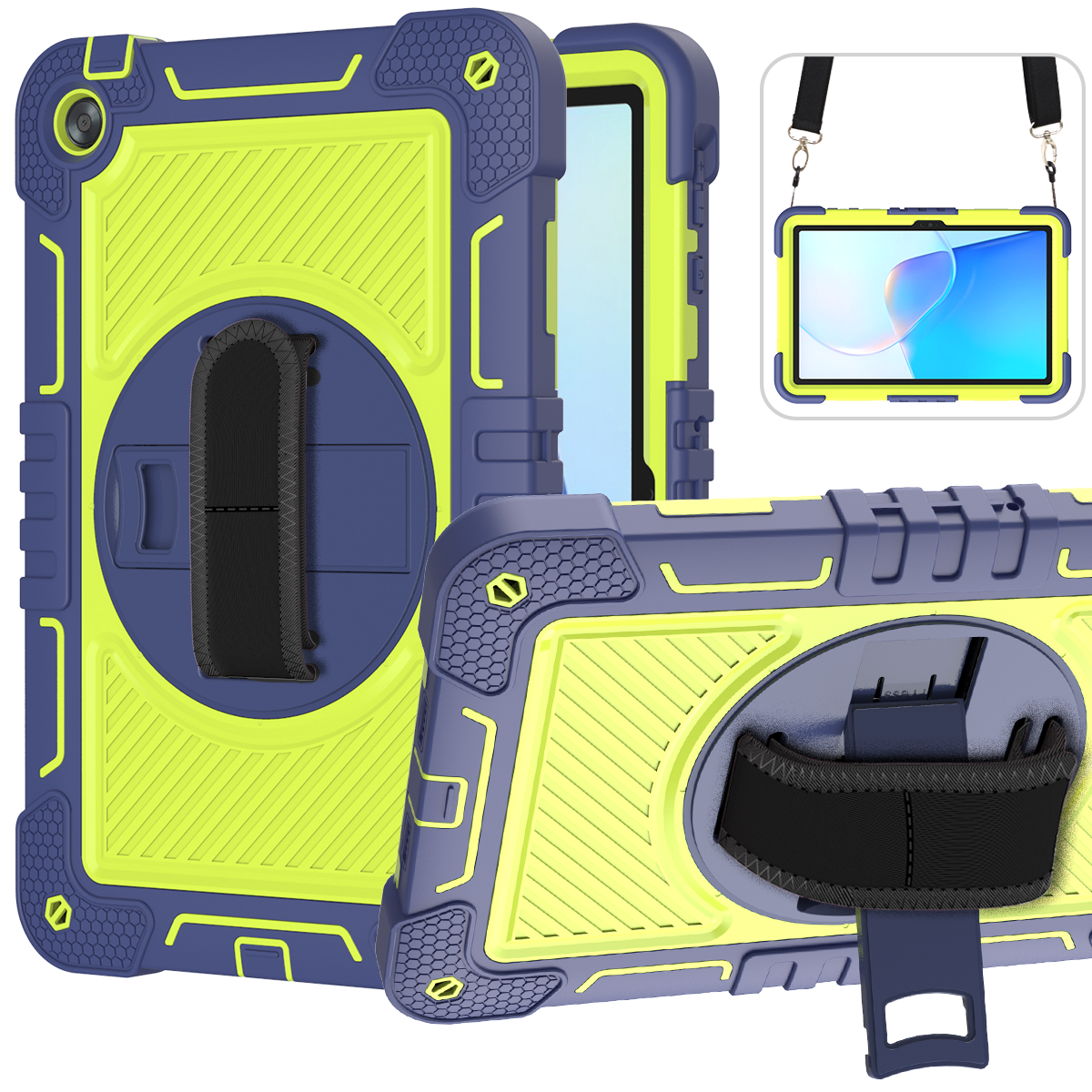 TOZIZO Navy Blue Business Case for Huawei MatePad SE, 360° Rotating Multi-Angle Kickstand, Adjustable Hand Strap & Wide Shoulder Strap, Rugged Silicone PC Cover