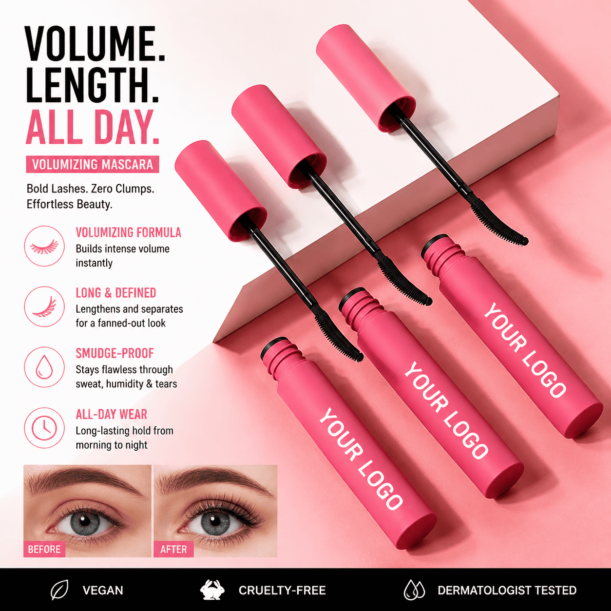 Curved Pink Mascara Tube – Ergonomic Brush for Volumizing & Defining Lashes